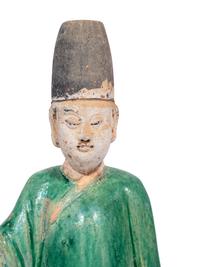 Two Chinese Green Glazed Pottery Figures of Attendants
