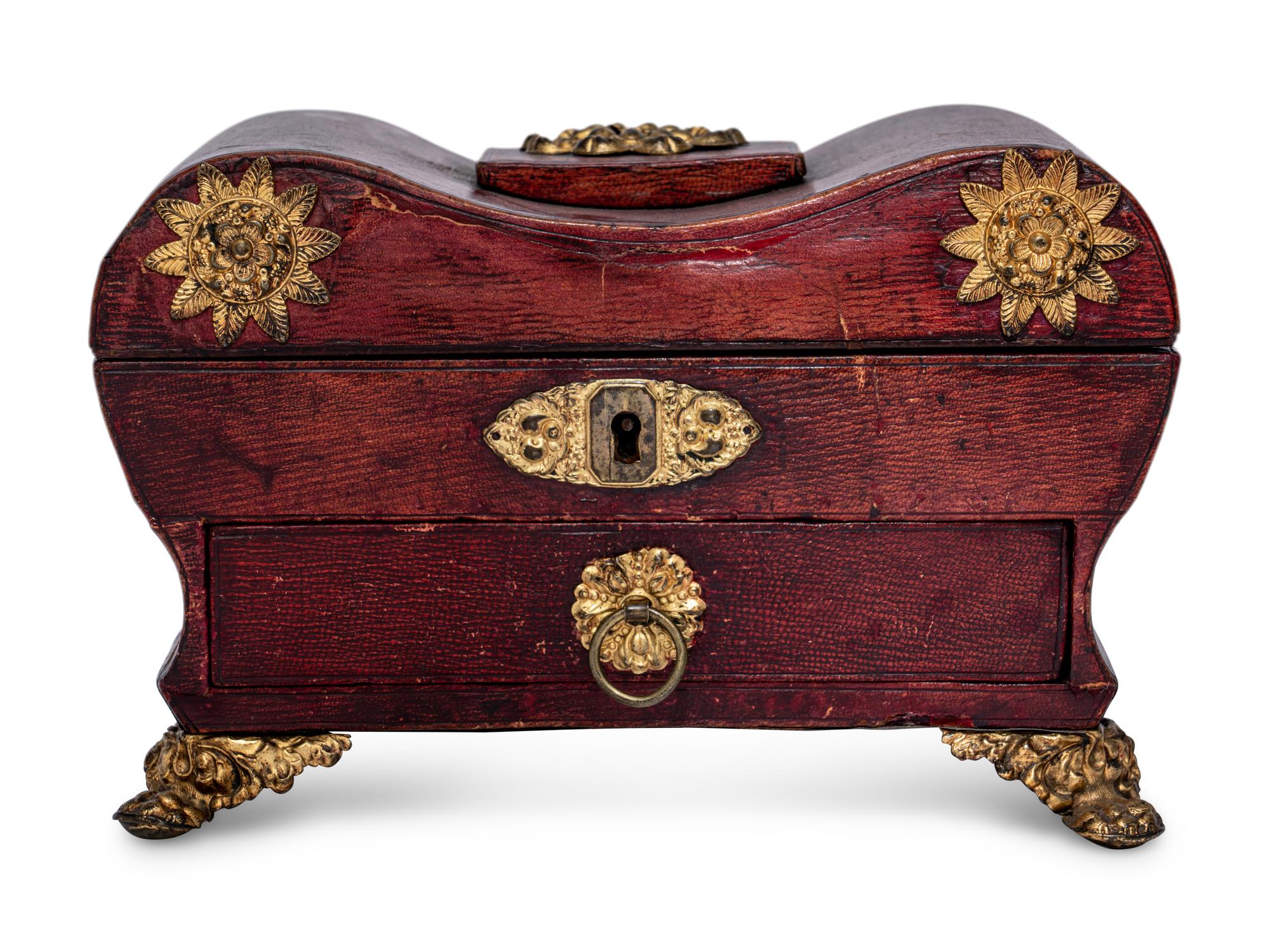 A Gilt Metal Mounted Leather-Veneered Jewelry Casket