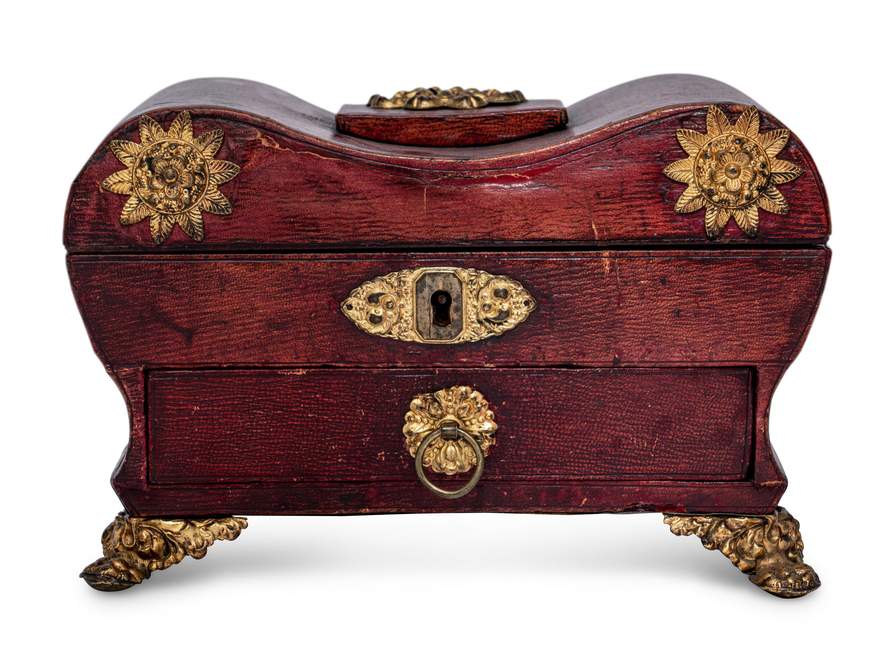 A Gilt Metal Mounted Leather-Veneered Jewelry Casket