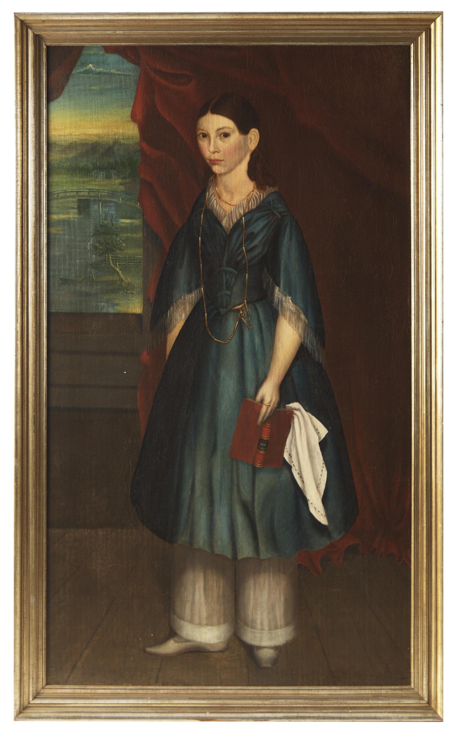 American School 19th Century, Portrait Of A Girl In Blue Dress With Book