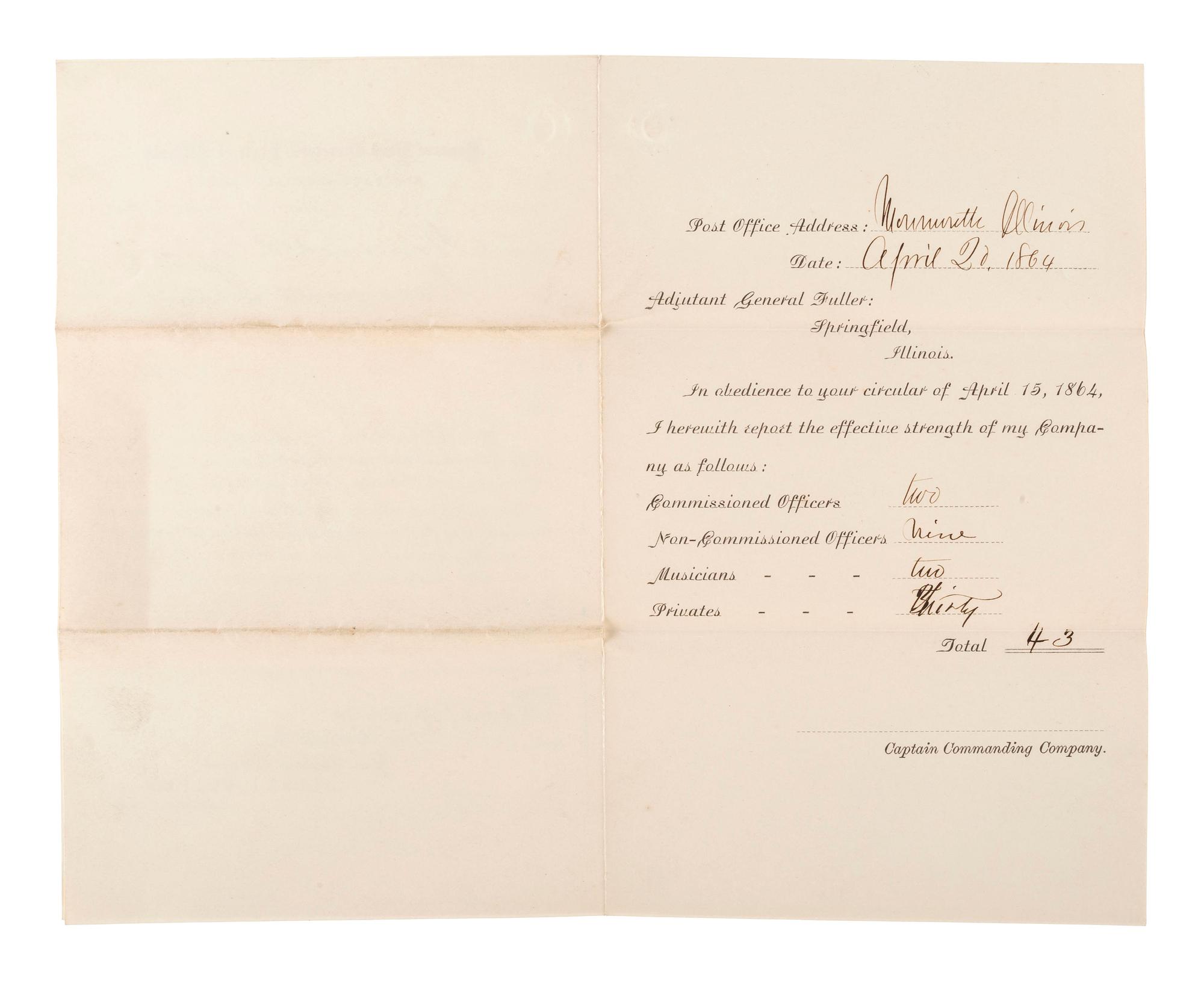 [CIVIL WAR]. A group of Civil War-era documents including Provost Marshal's Office orders warning drafted men to report to Head Quarters, Quincy, Illinois, 1 November 1864.