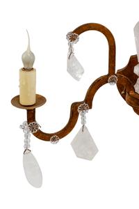 A Pair of Spanish Style Gilt Iron and Rock Crystal Two-Light Sconces