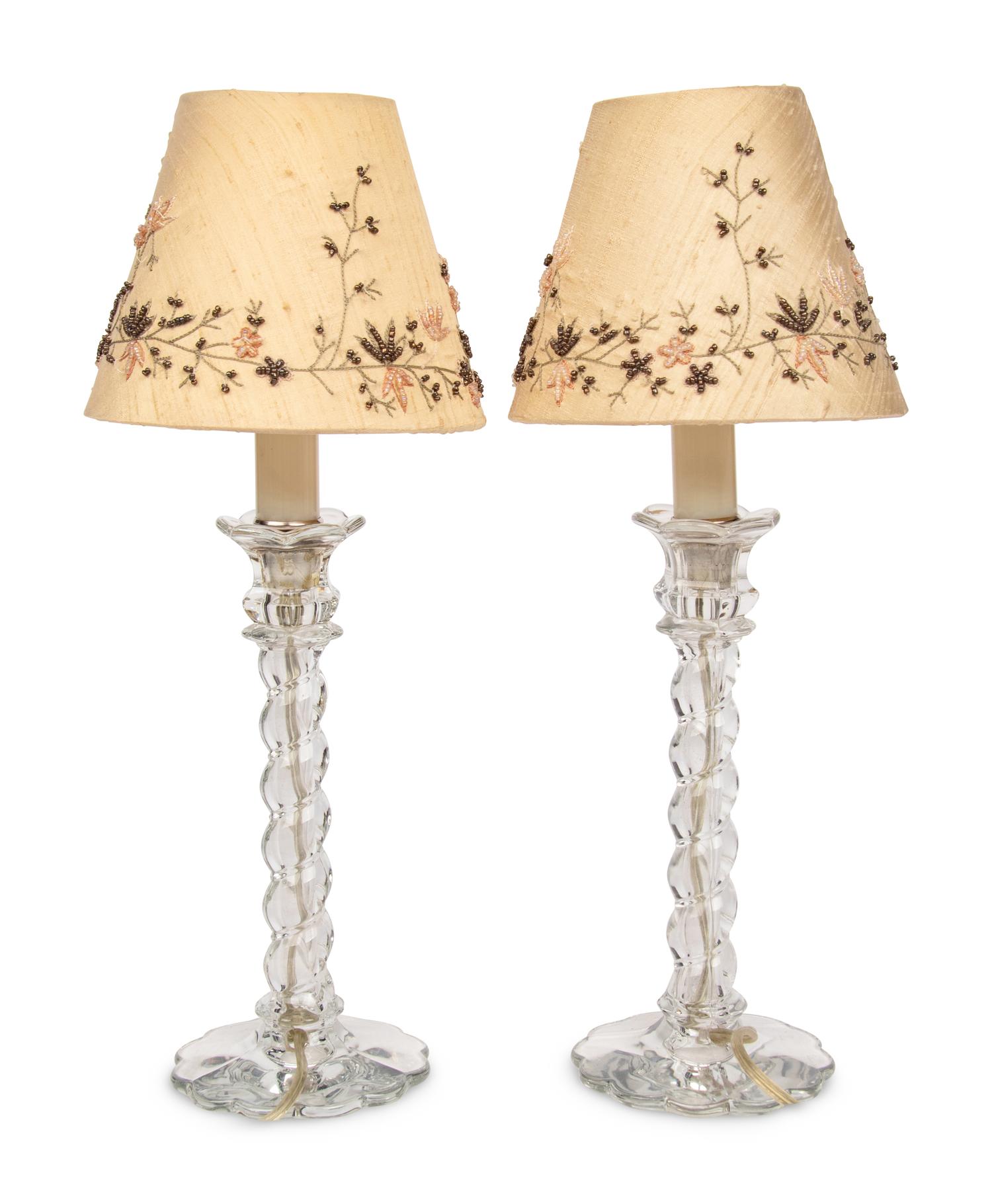 A Pair of Molded Glass Candlesticks Mounted as Lamps