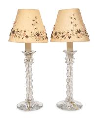 A Pair of Molded Glass Candlesticks Mounted as Lamps