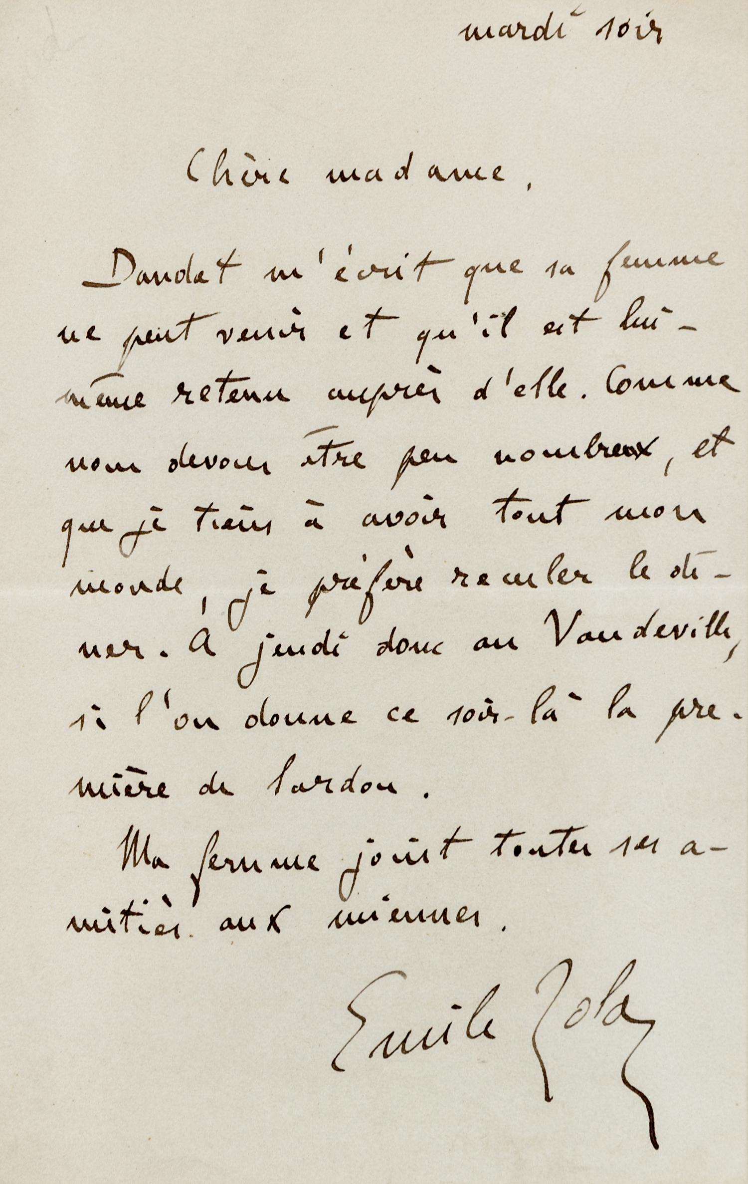 ZOLA, Emile (1840-1902). Autograph letter signed ("Emile Zola"), to an unnamed recipient. N.p., "Tuesday Evening" (n.d.).