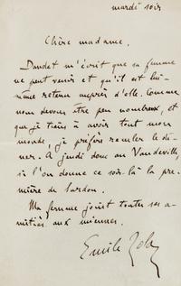 ZOLA, Emile (1840-1902). Autograph letter signed ("Emile Zola"), to an unnamed recipient. N.p., "Tuesday Evening" (n.d.).