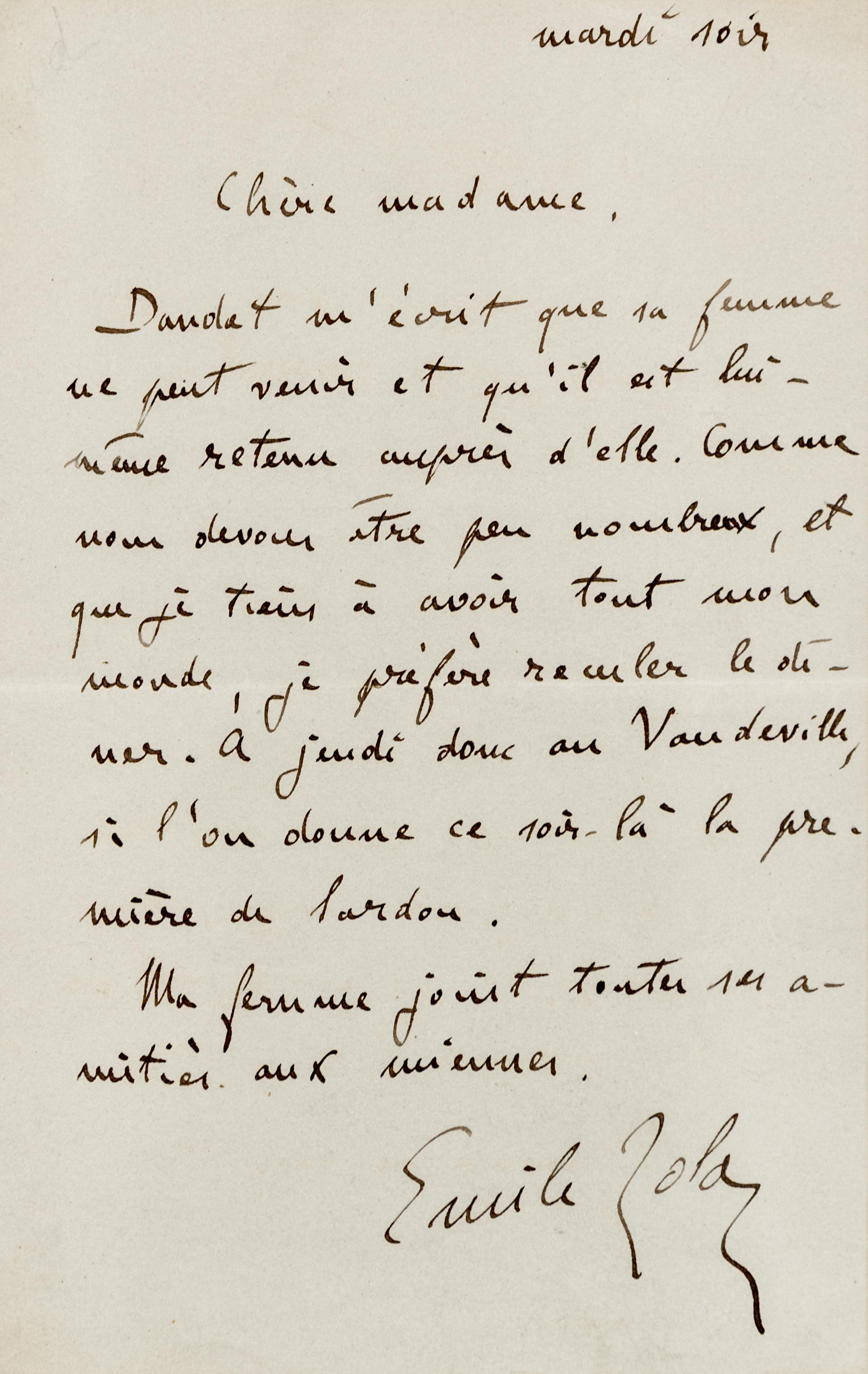 ZOLA, Emile (1840-1902). Autograph letter signed ("Emile Zola"), to an unnamed recipient. N.p., "Tuesday Evening" (n.d.).