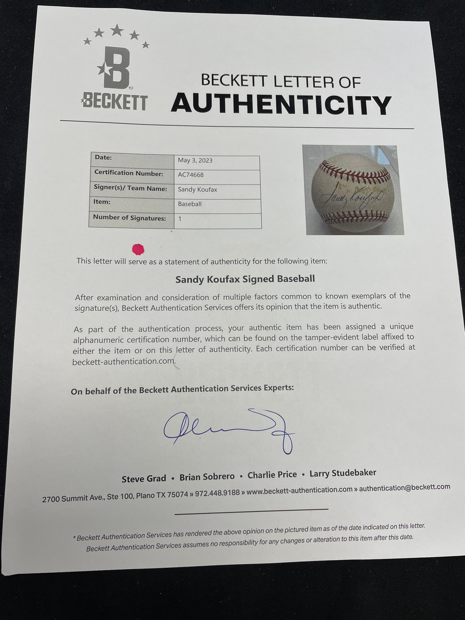 A Sandy Koufax Single Signed Autograph Baseball (Beckett Authentication Services Letter)
