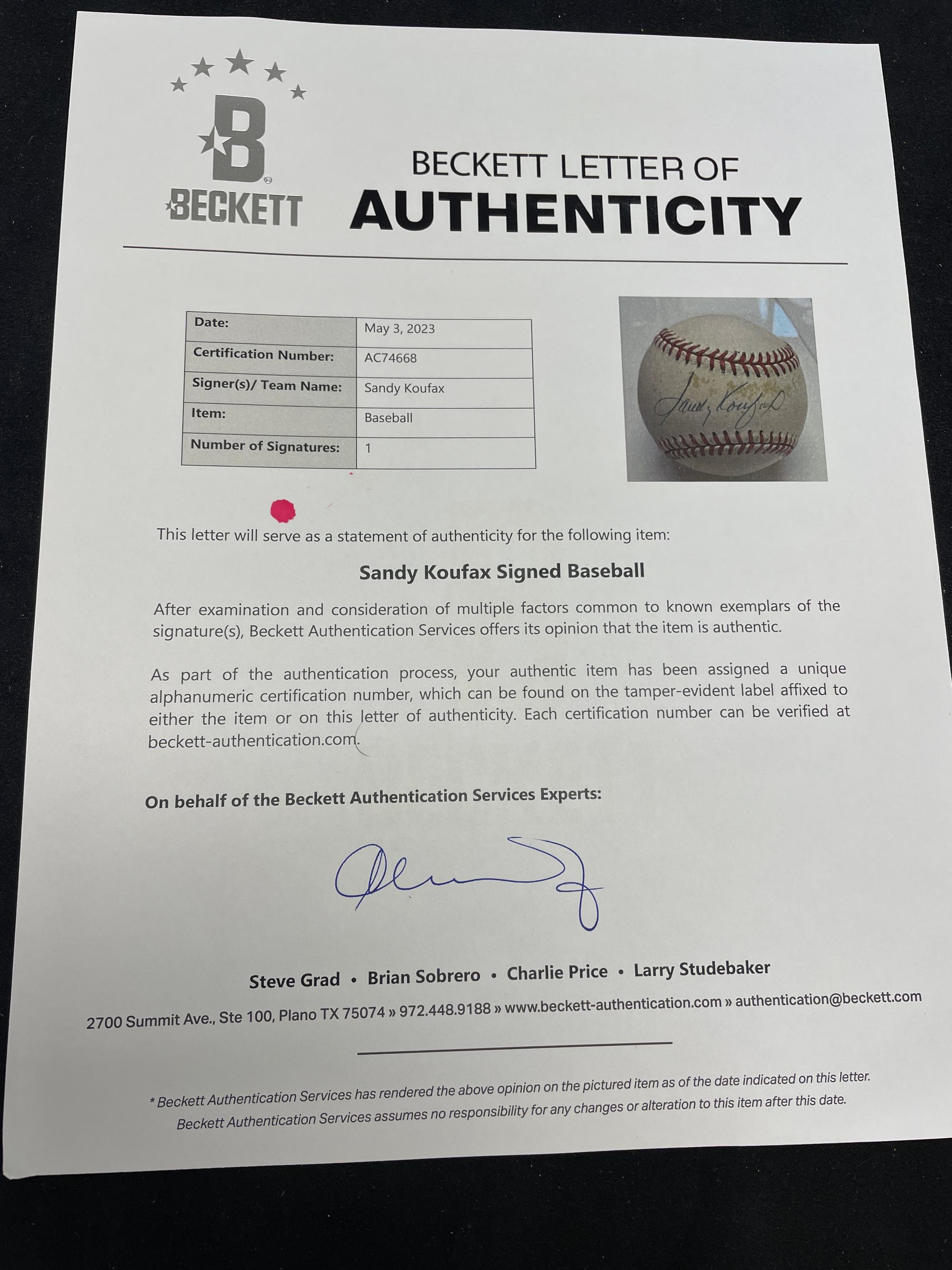 A Sandy Koufax Single Signed Autograph Baseball (Beckett Authentication Services Letter)