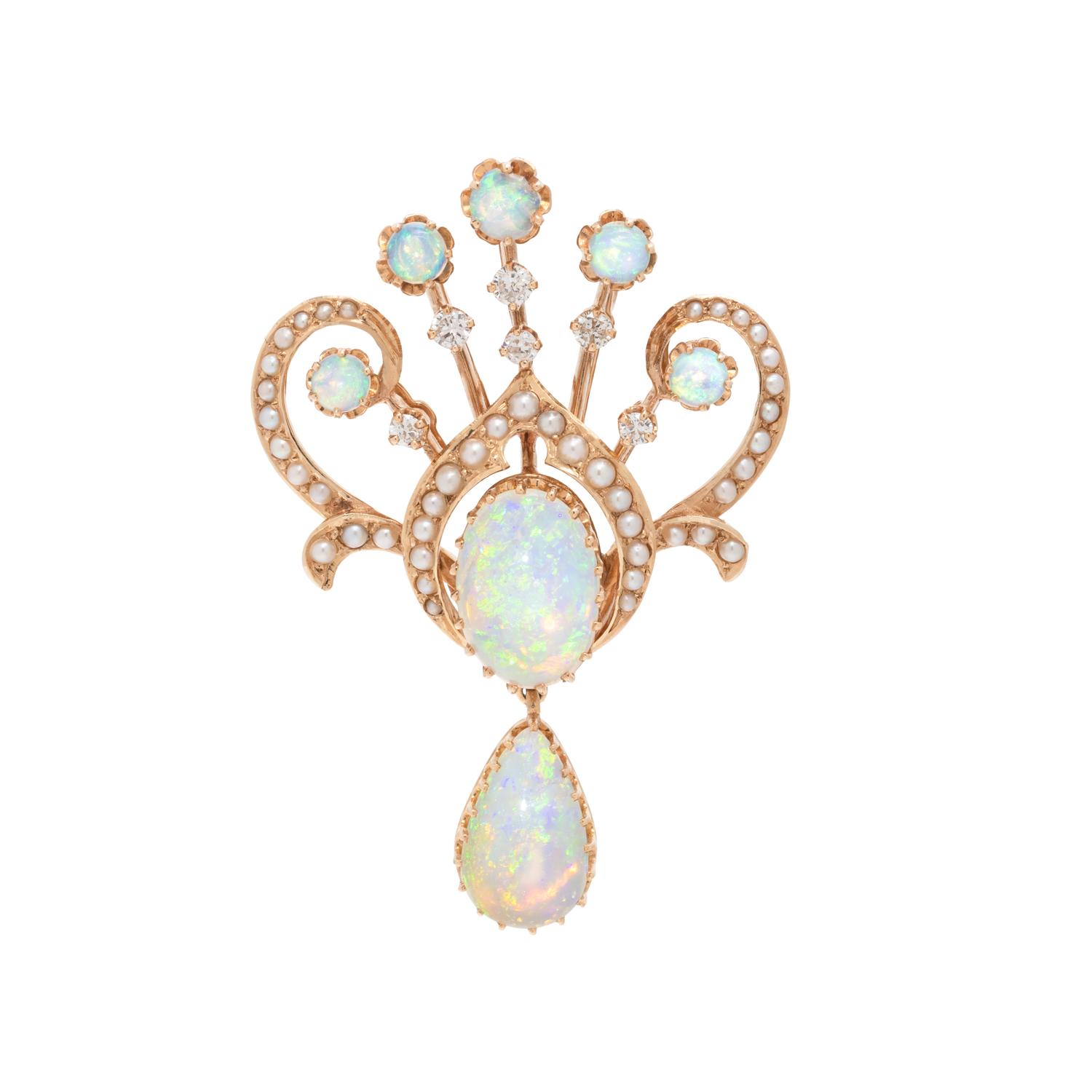 OPAL, PEARL AND DIAMOND PENDANT/BROOCH