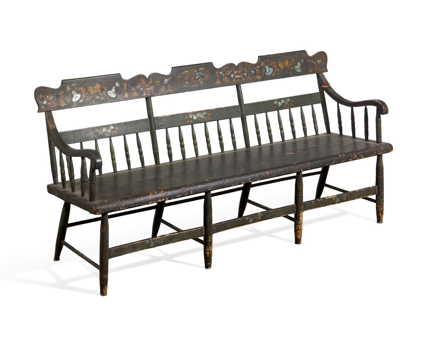 A Green-Painted and Decorated Windsor Bench