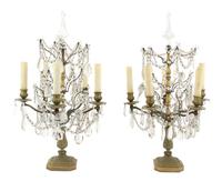 A Pair of French Cut Glass and Brass Five-Light Girandoles, Height 25 inches.
