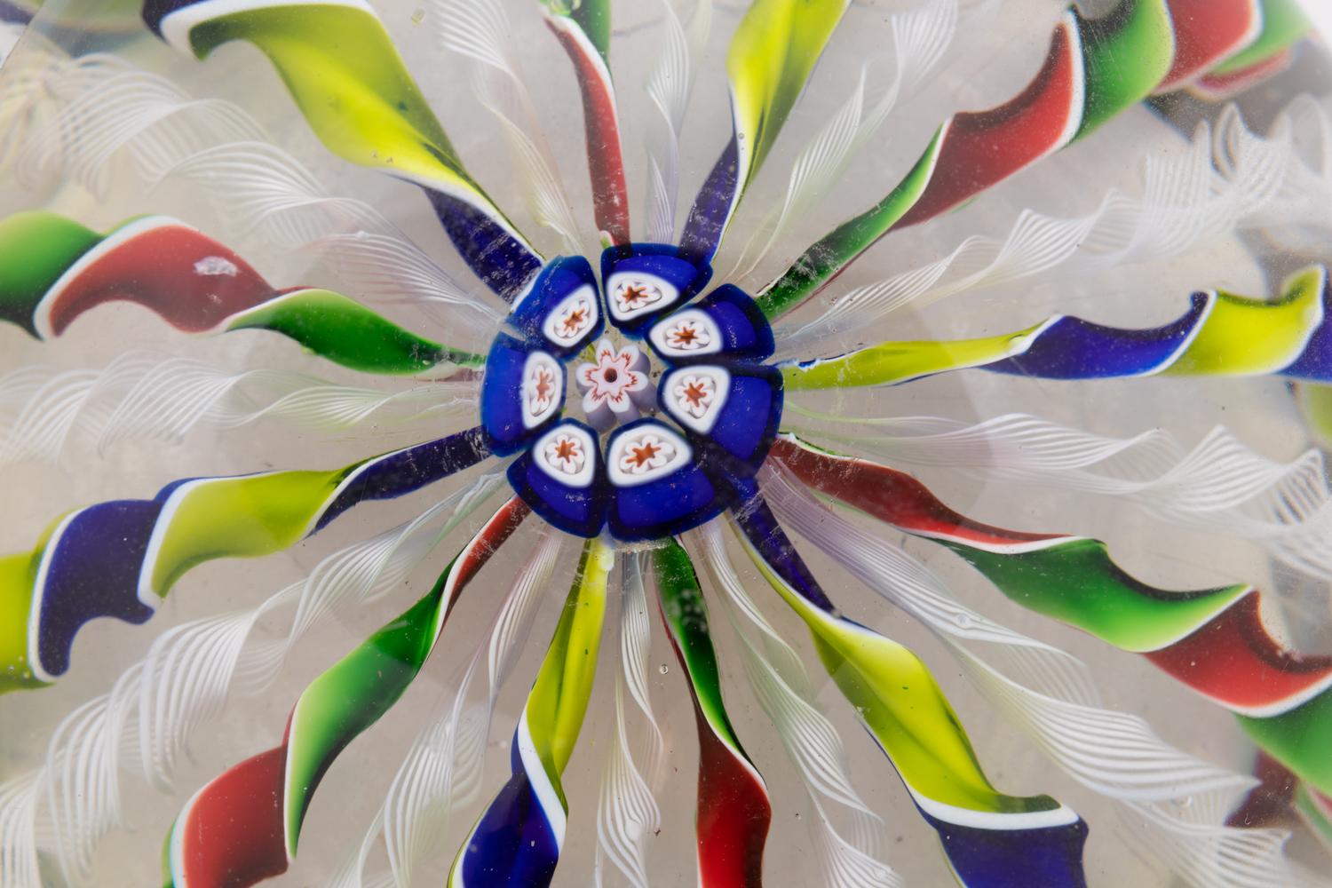 A Four-Color Ribbon and Latticino Twist Crown Glass Paperweight