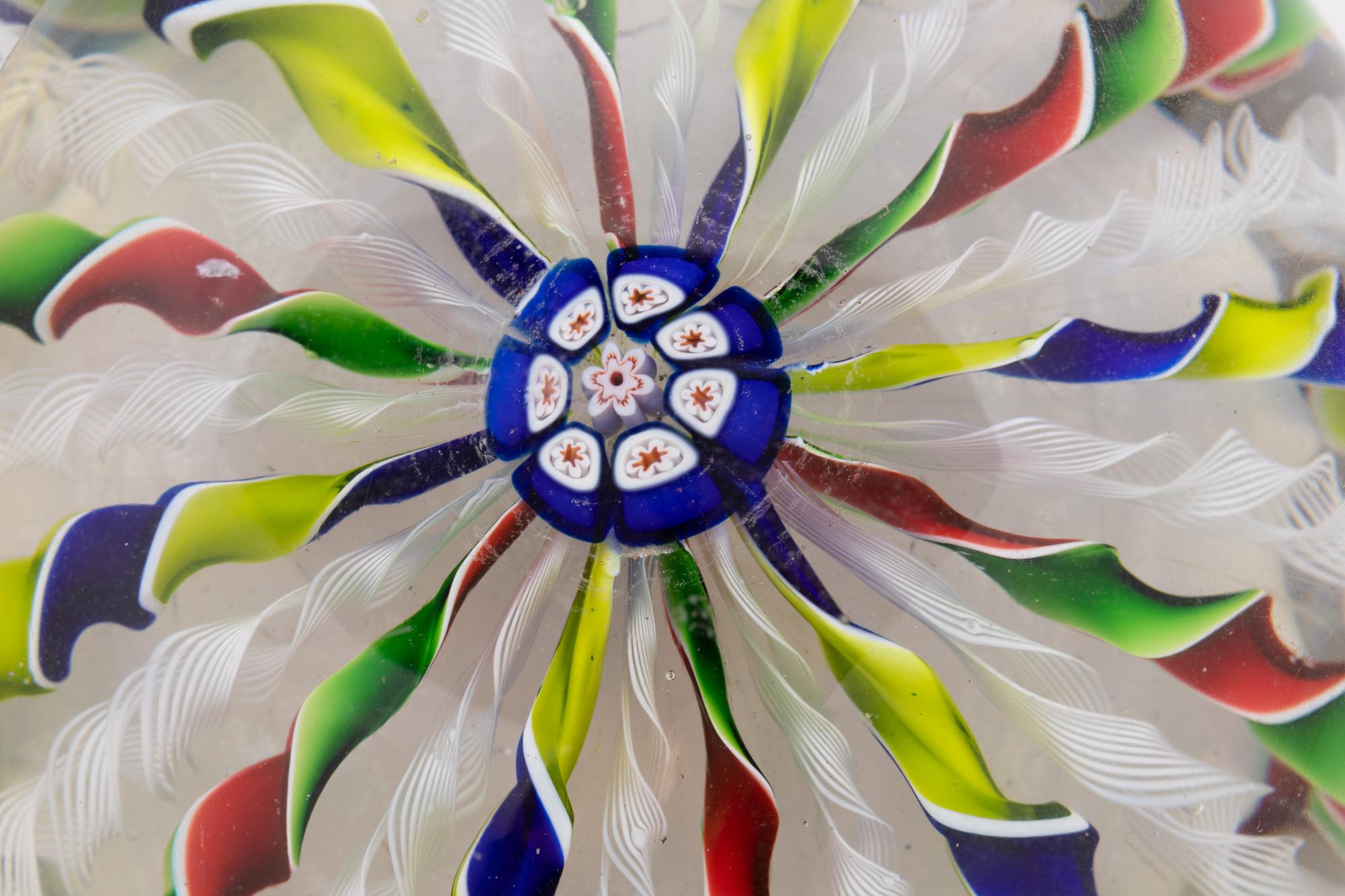 A Four-Color Ribbon and Latticino Twist Crown Glass Paperweight