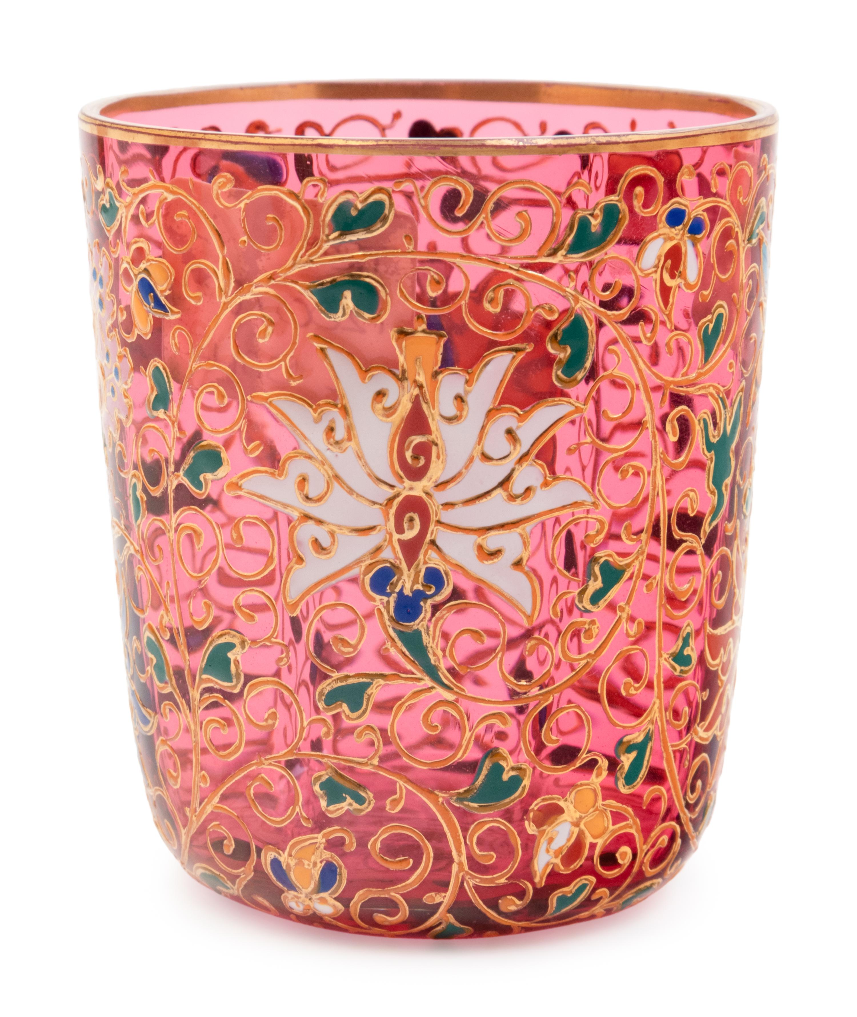 A Set of Nine Murano Parcel-Gilt and Enamel Decorated Colored Glass Dessert Bowls and Underplates