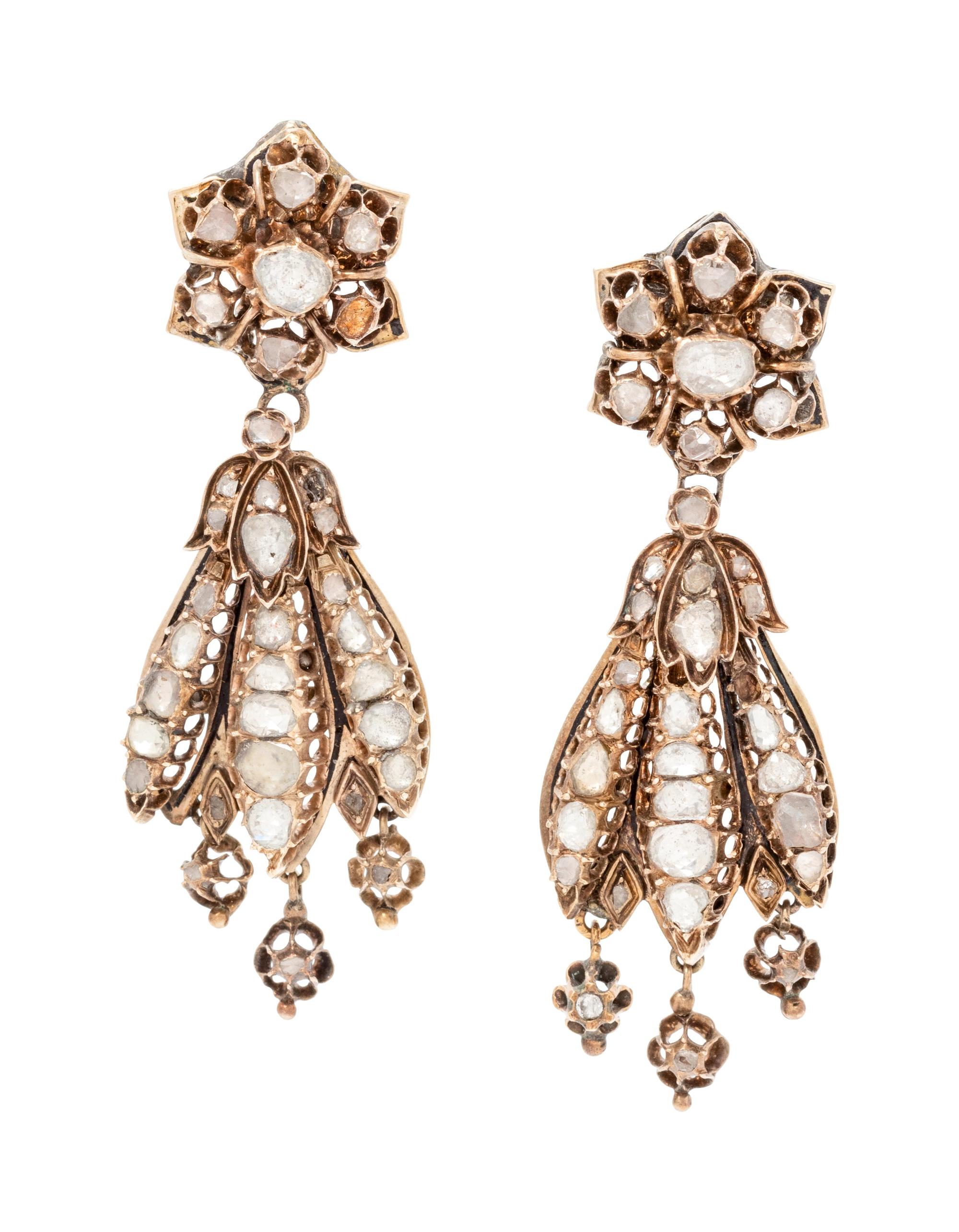 A Pair of Victorian Yellow Gold, Diamond and Enamel Pendant Earrings,