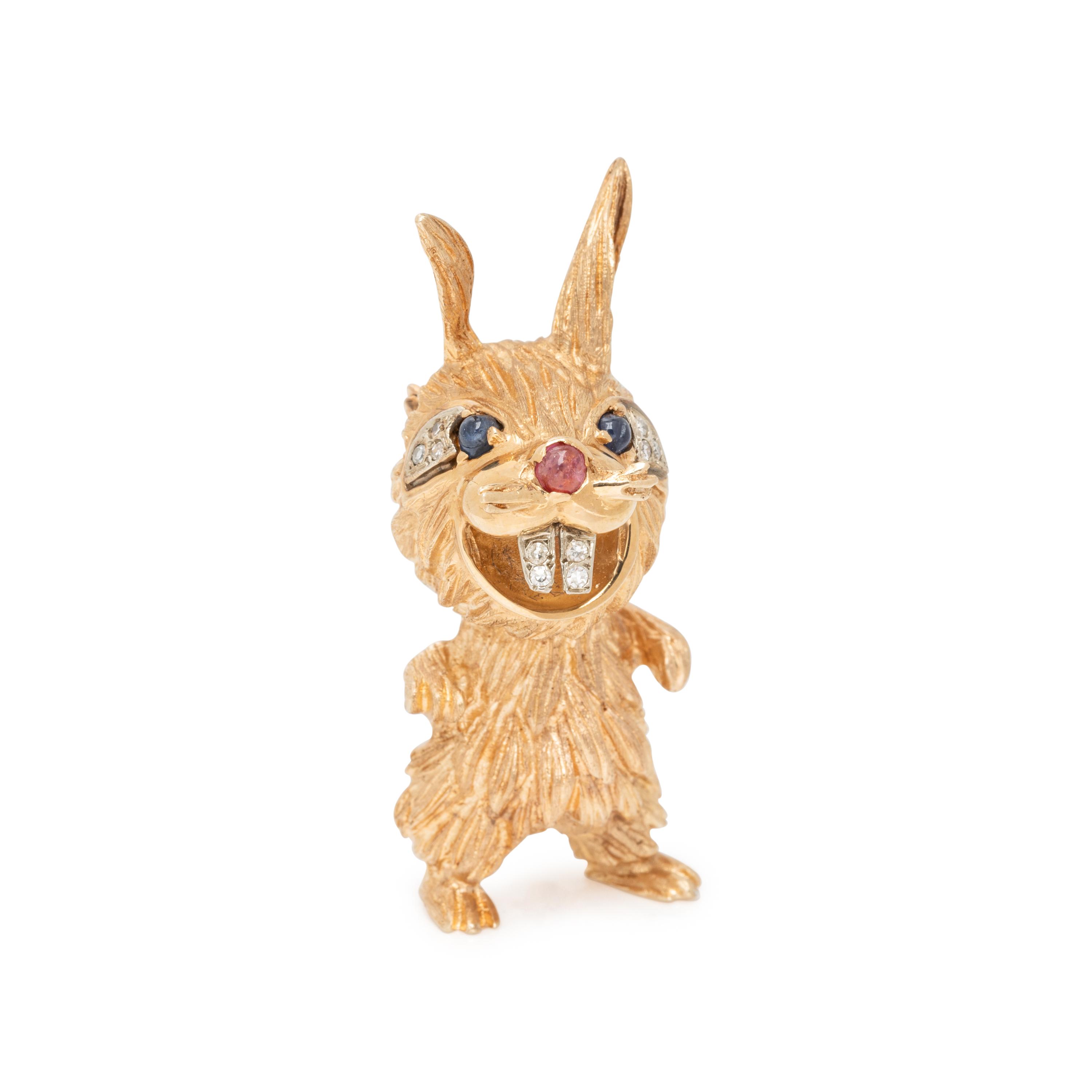 YELLOW GOLD, DIAMOND AND MULTIGEM RABBIT BROOCH