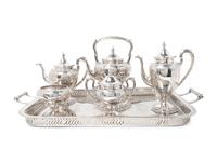 A Dominick & Haff Silver Five-Piece Tea and Coffee Service With Associated Silver Plate Two-Handled Tray — Retailed by E. and A. Brown Co.