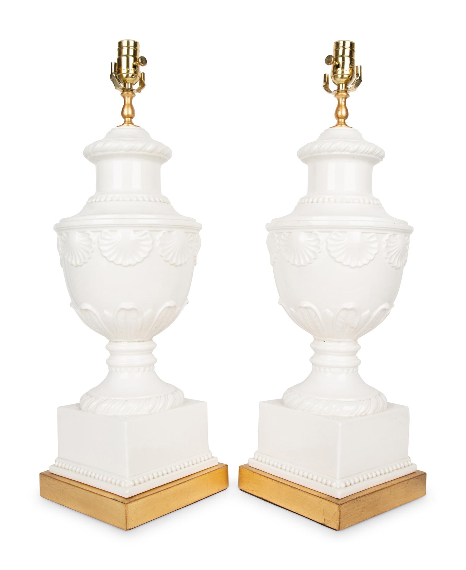 A Pair of Italian White-Glazed Shell-Molded Vases Mounted as Lamps — 20TH CENTURY