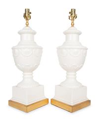 A Pair of Italian White-Glazed Shell-Molded Vases Mounted as Lamps — 20TH CENTURY