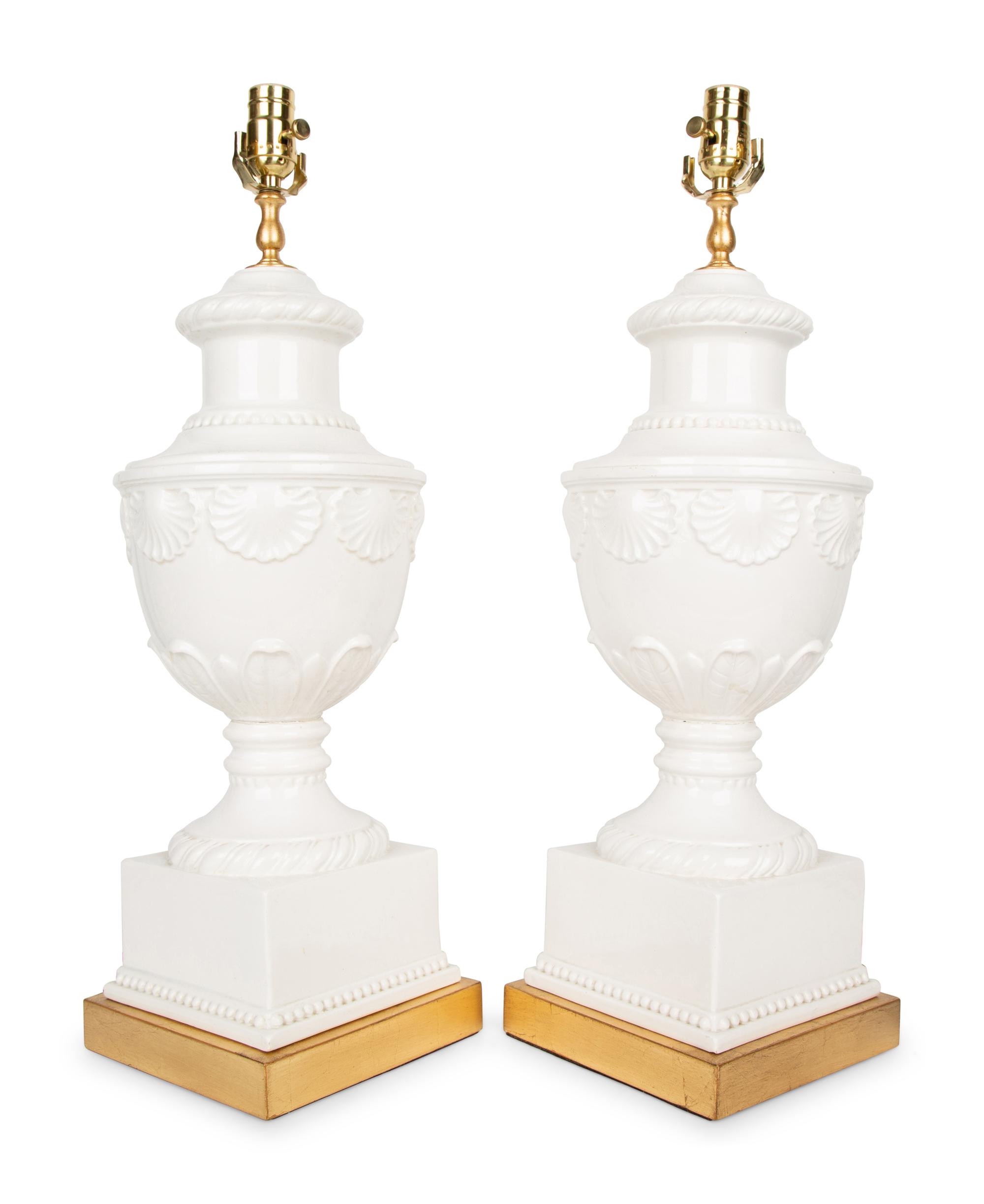 A Pair of Italian White-Glazed Shell-Molded Vases Mounted as Lamps — 20TH CENTURY