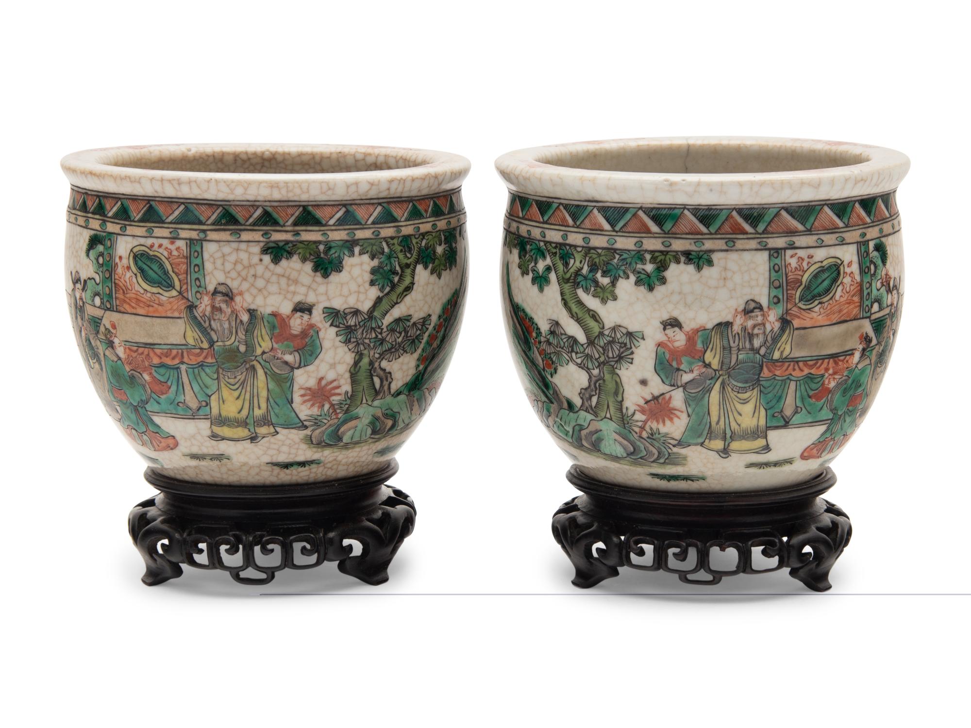 A Pair of Small Chinese Crackle Glazed Sancai Porcelain Fish Bowls and A Famille Rose Porcelain Planter