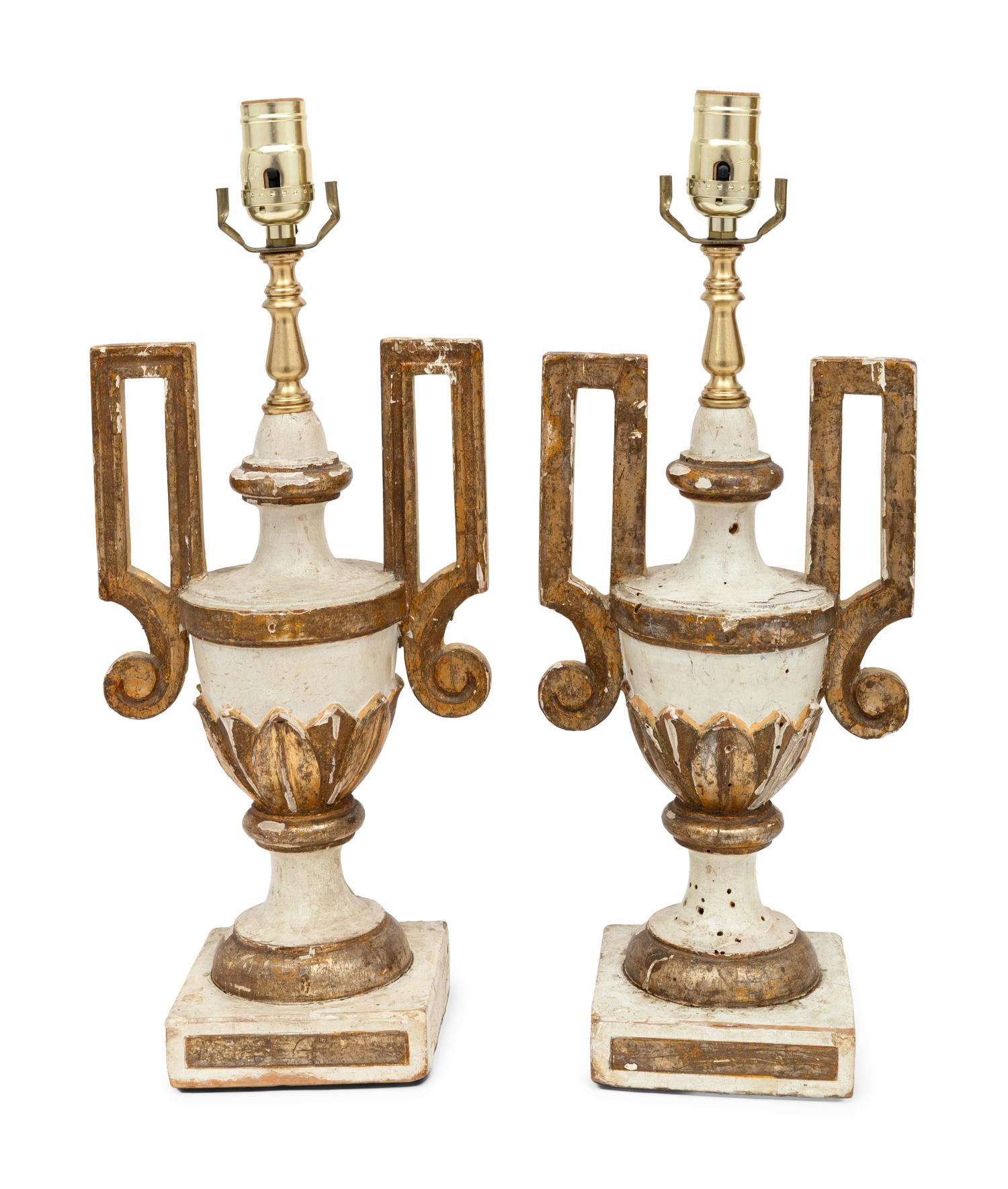 A Pair of Italian Painted and Parcel-Gilt Finials
