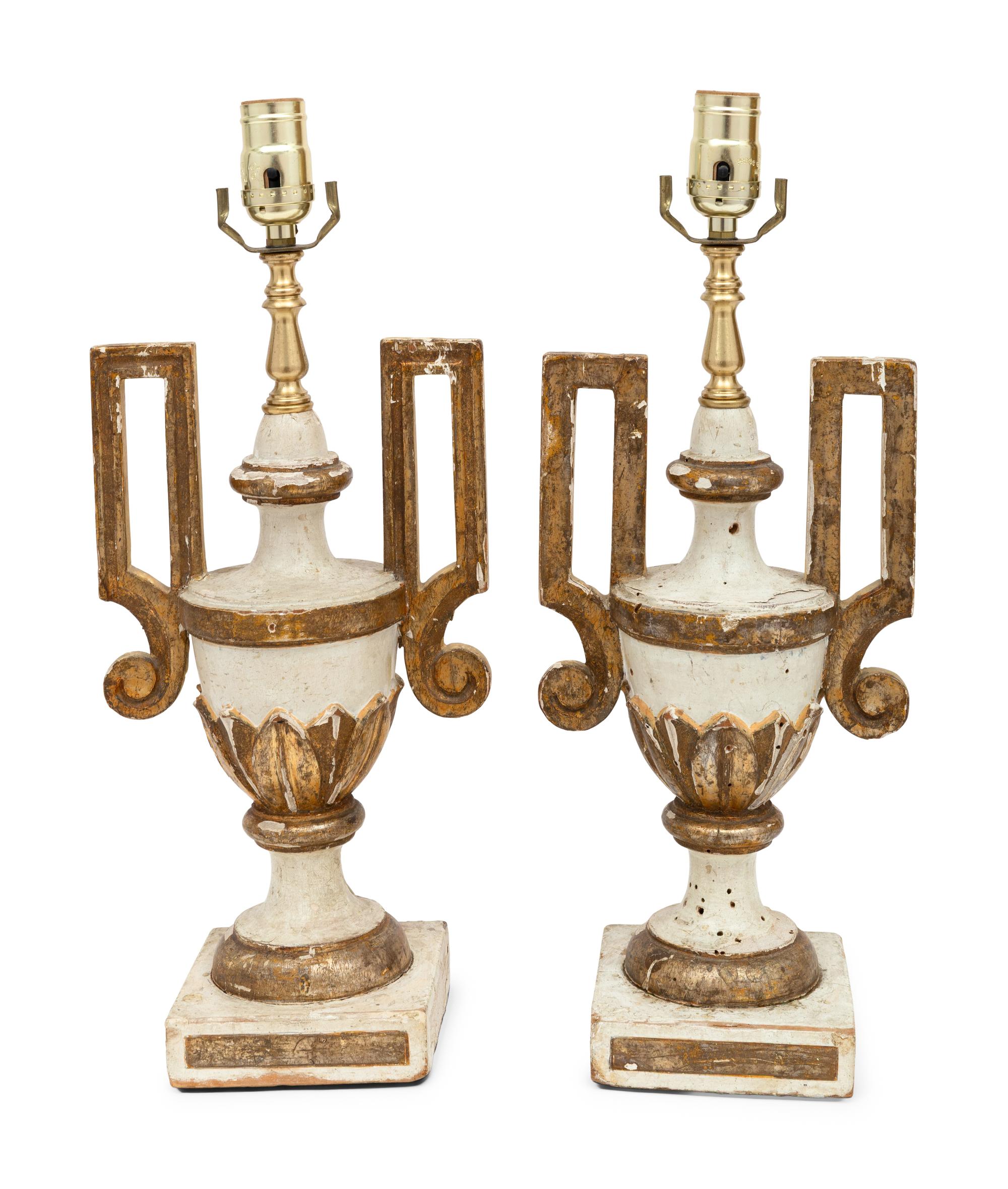 A Pair of Italian Painted and Parcel-Gilt Finials