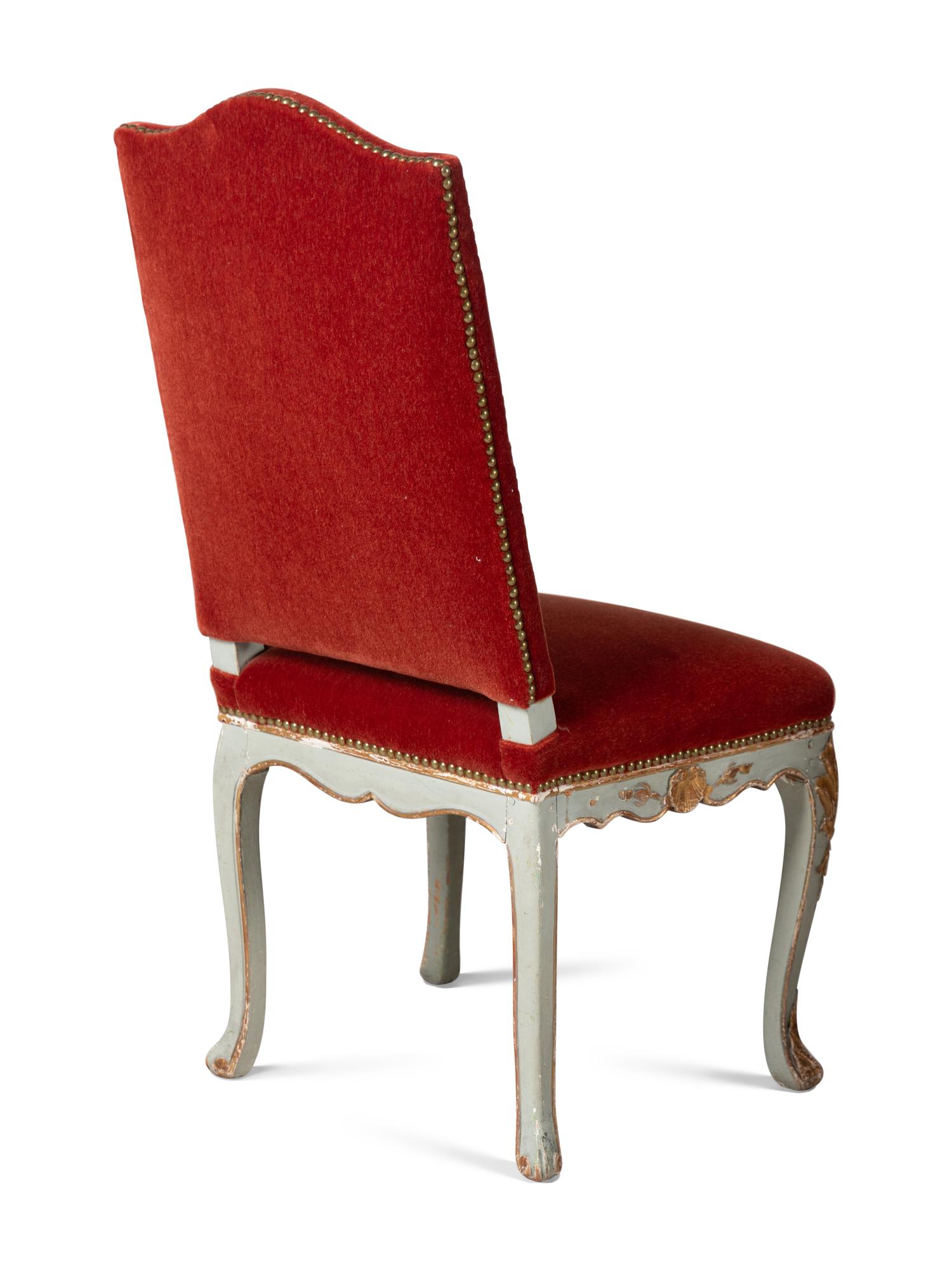 A Set of Six Louis XV Blue Painted and Parcel-Gilt Dining Chairs