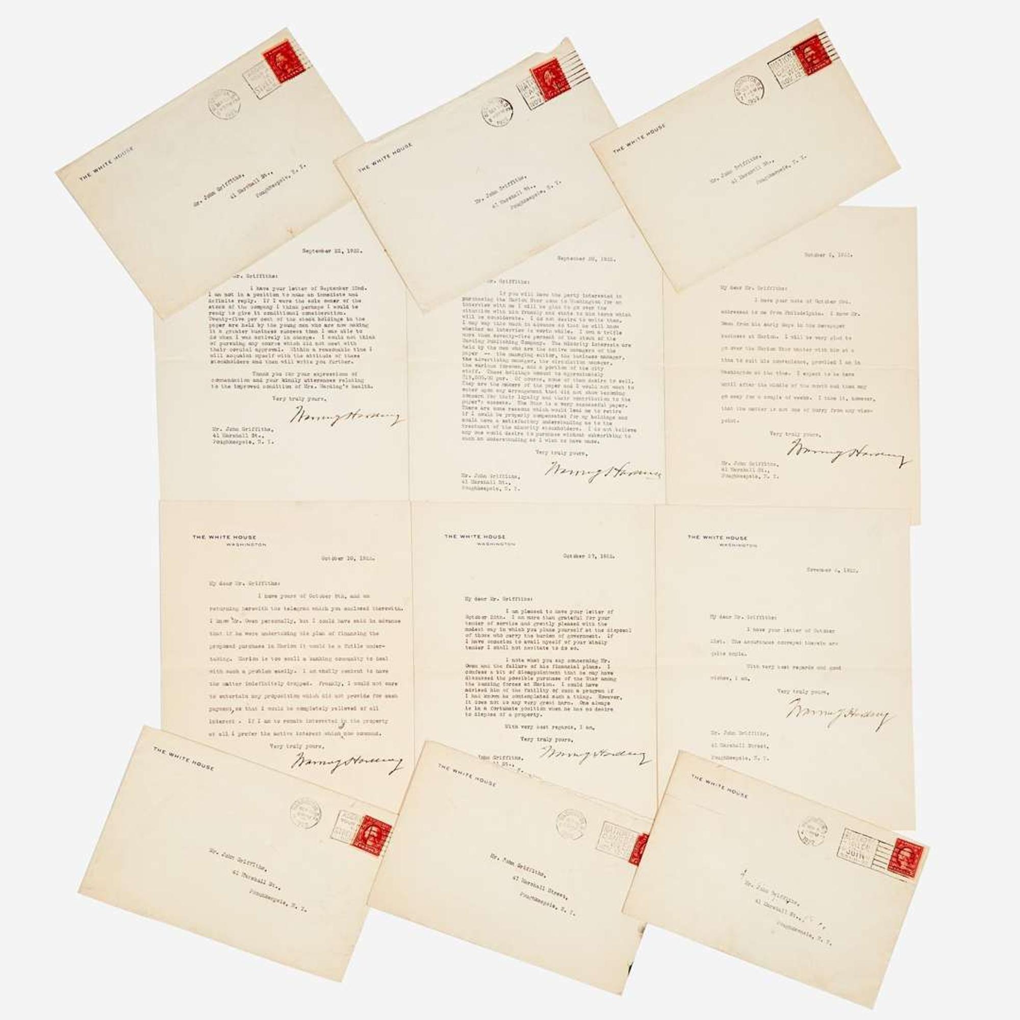 [Presidential] Harding, Warren G. Group of 6 Typed Letters, signed, and 8 Related Documents