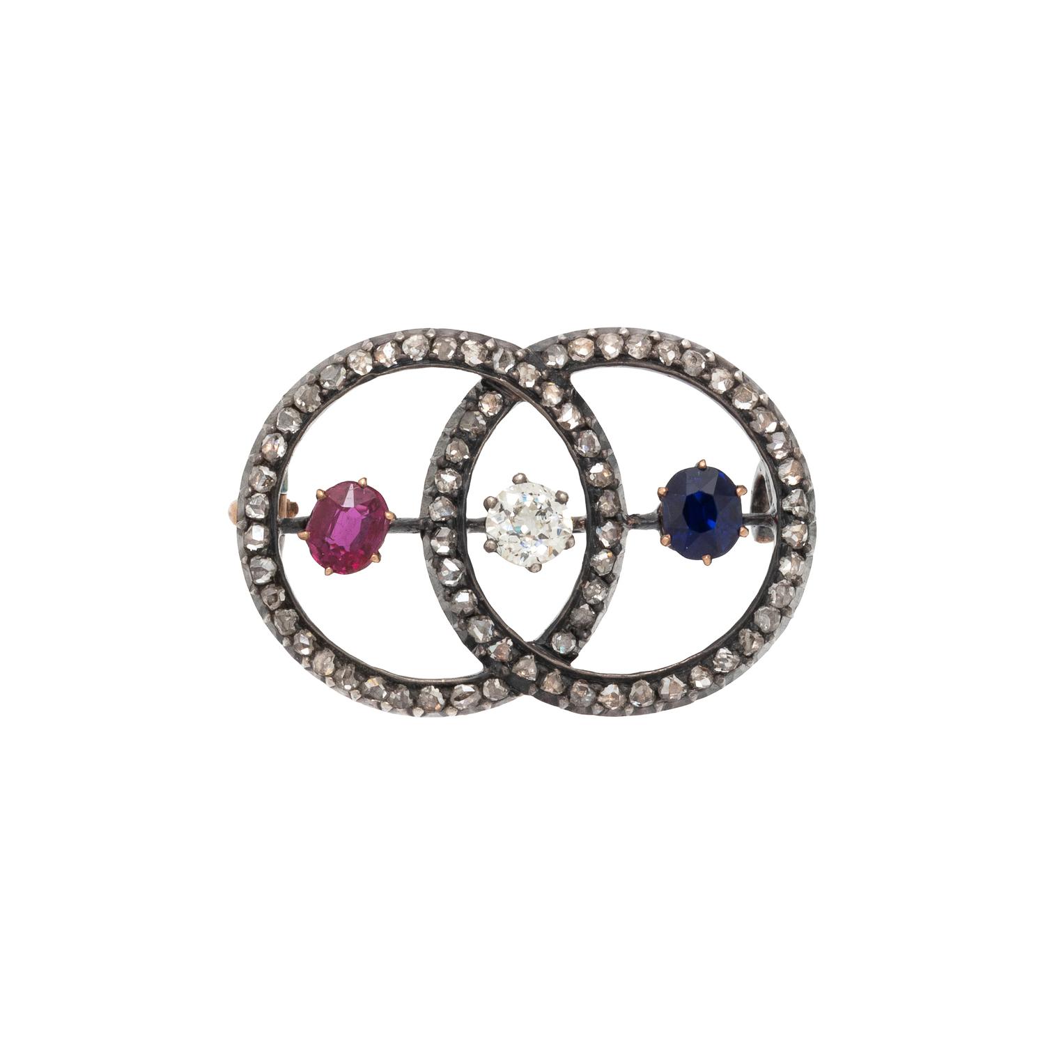 AUSTRIAN, ANTIQUE, RUBY, SAPPHIRE, AND DIAMOND BROOCH