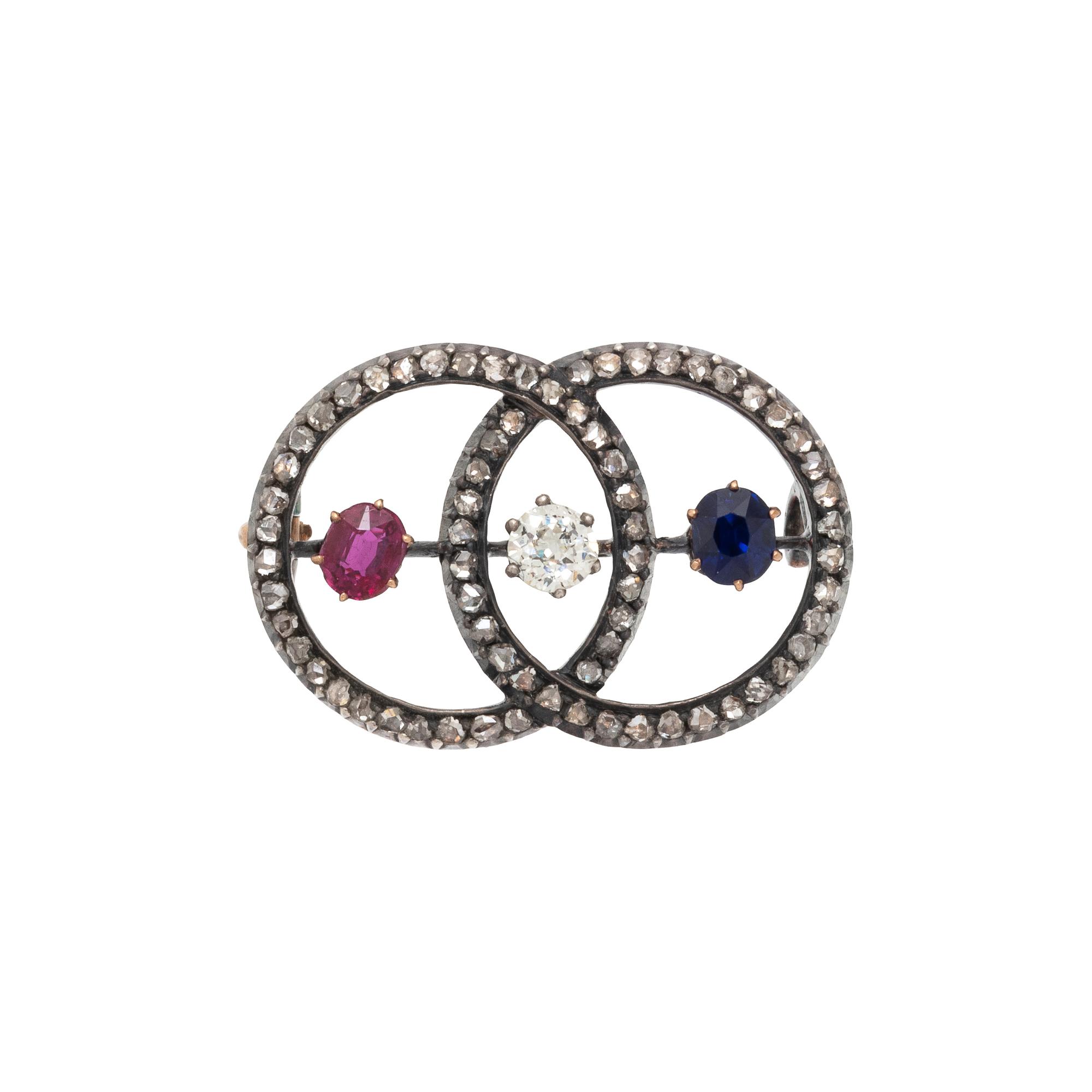 AUSTRIAN, ANTIQUE, RUBY, SAPPHIRE, AND DIAMOND BROOCH