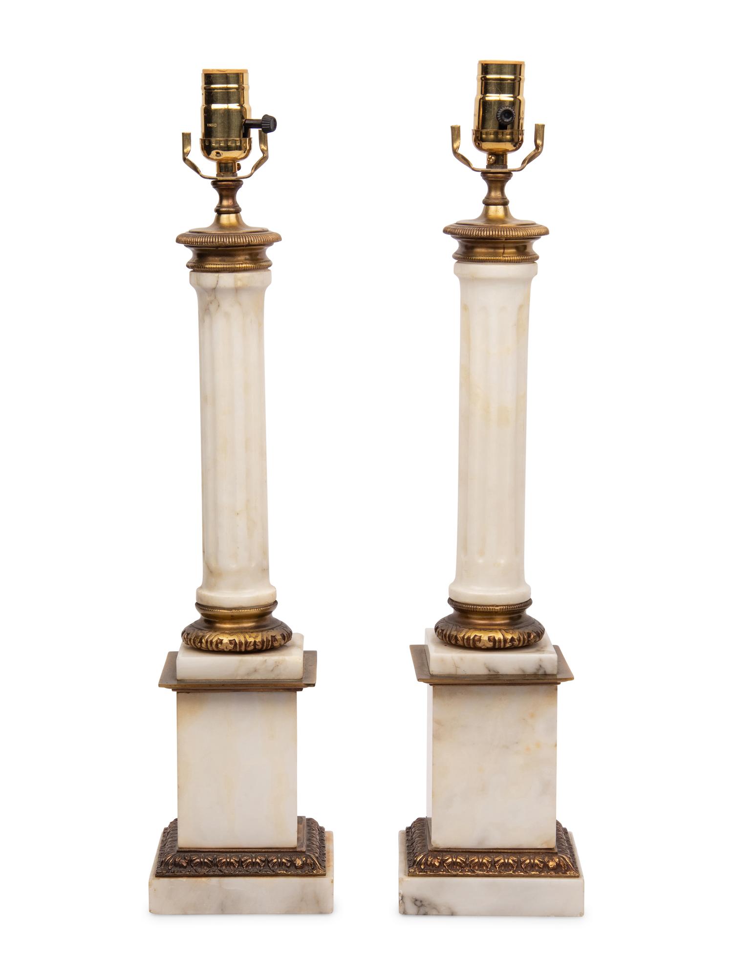 A Pair of Gilt Metal and Marble Columnar Lamps