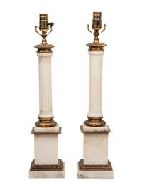 A Pair of Gilt Metal and Marble Columnar Lamps
