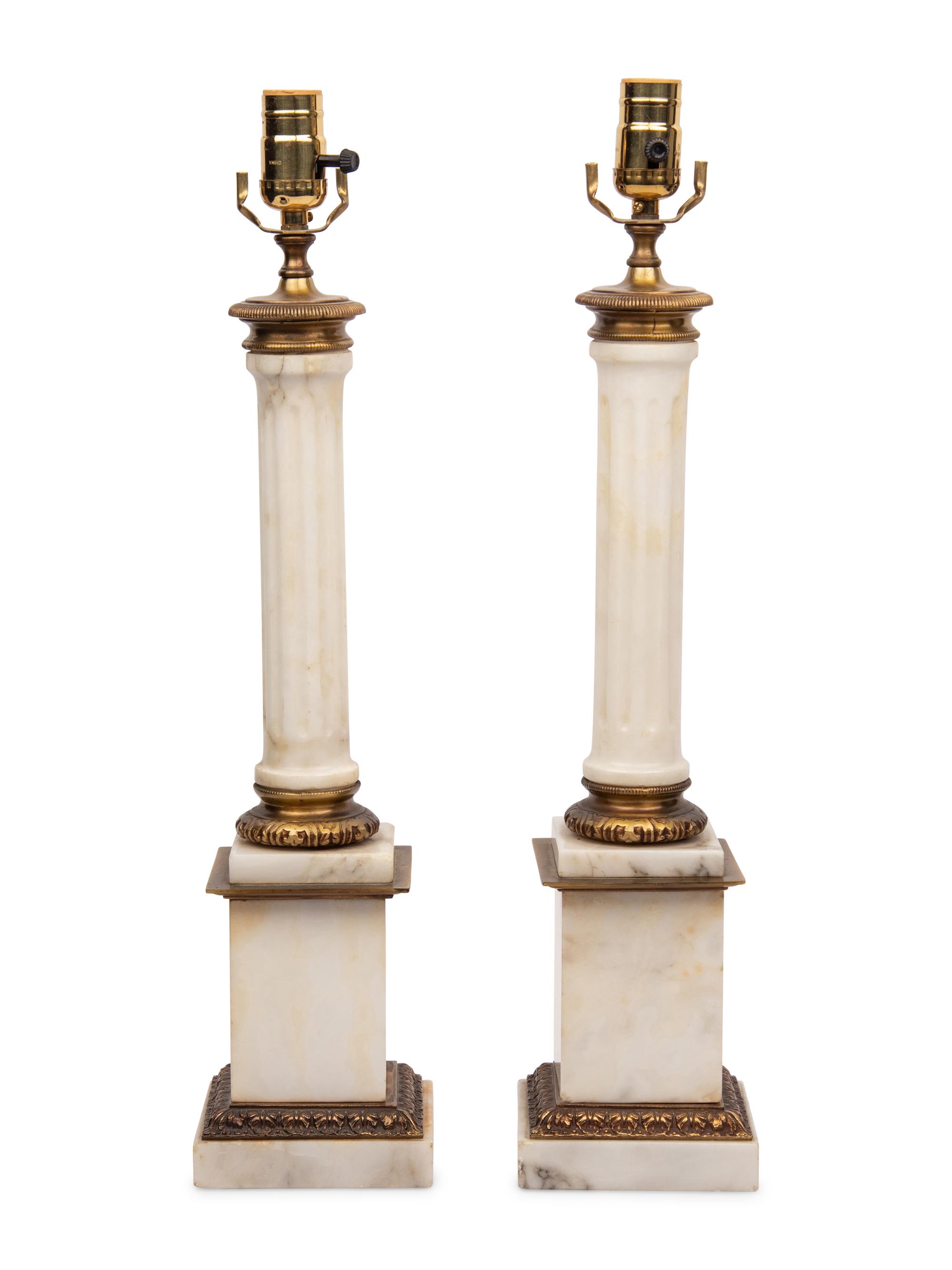 A Pair of Gilt Metal and Marble Columnar Lamps