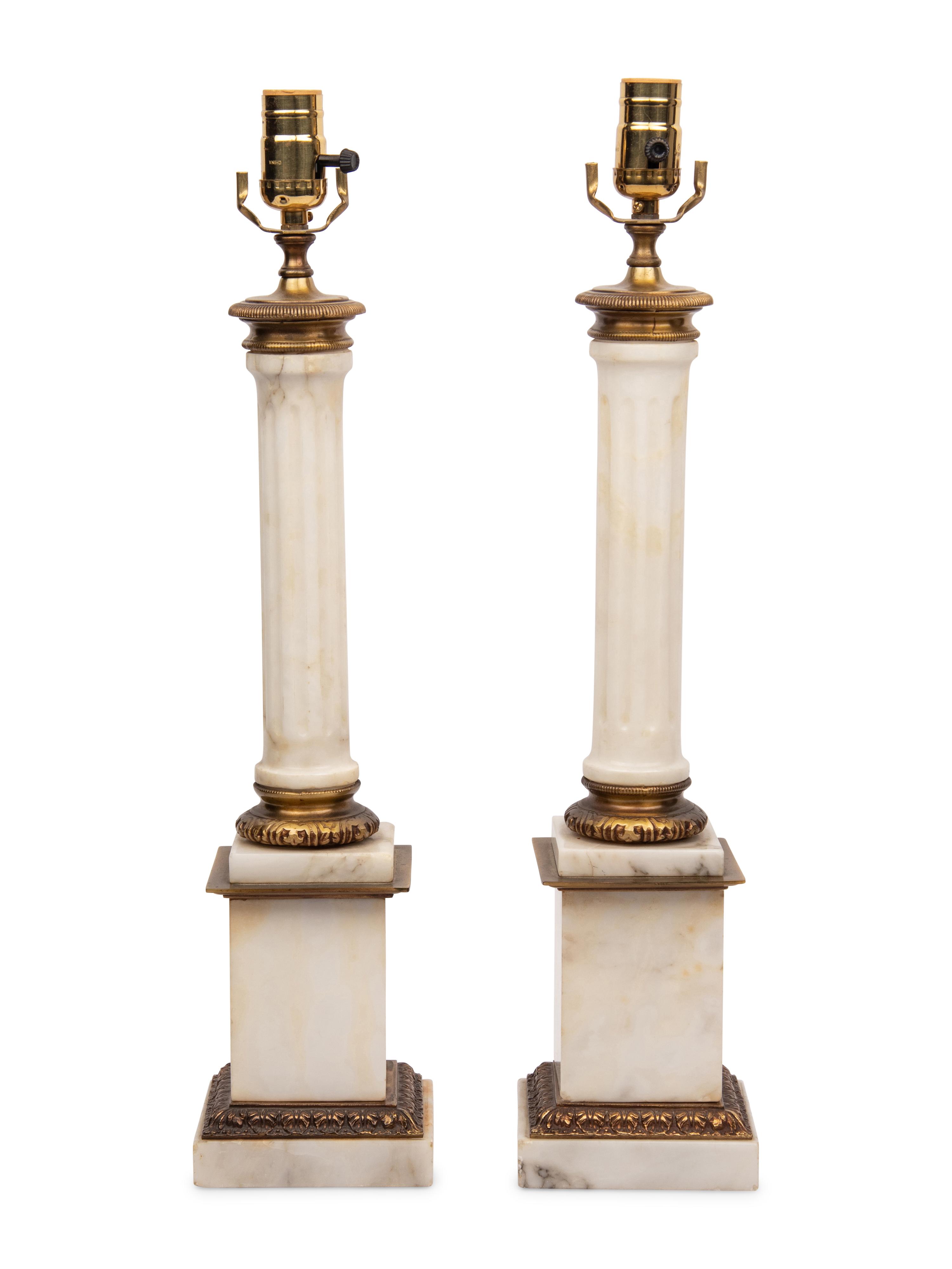 A Pair of Gilt Metal and Marble Columnar Lamps