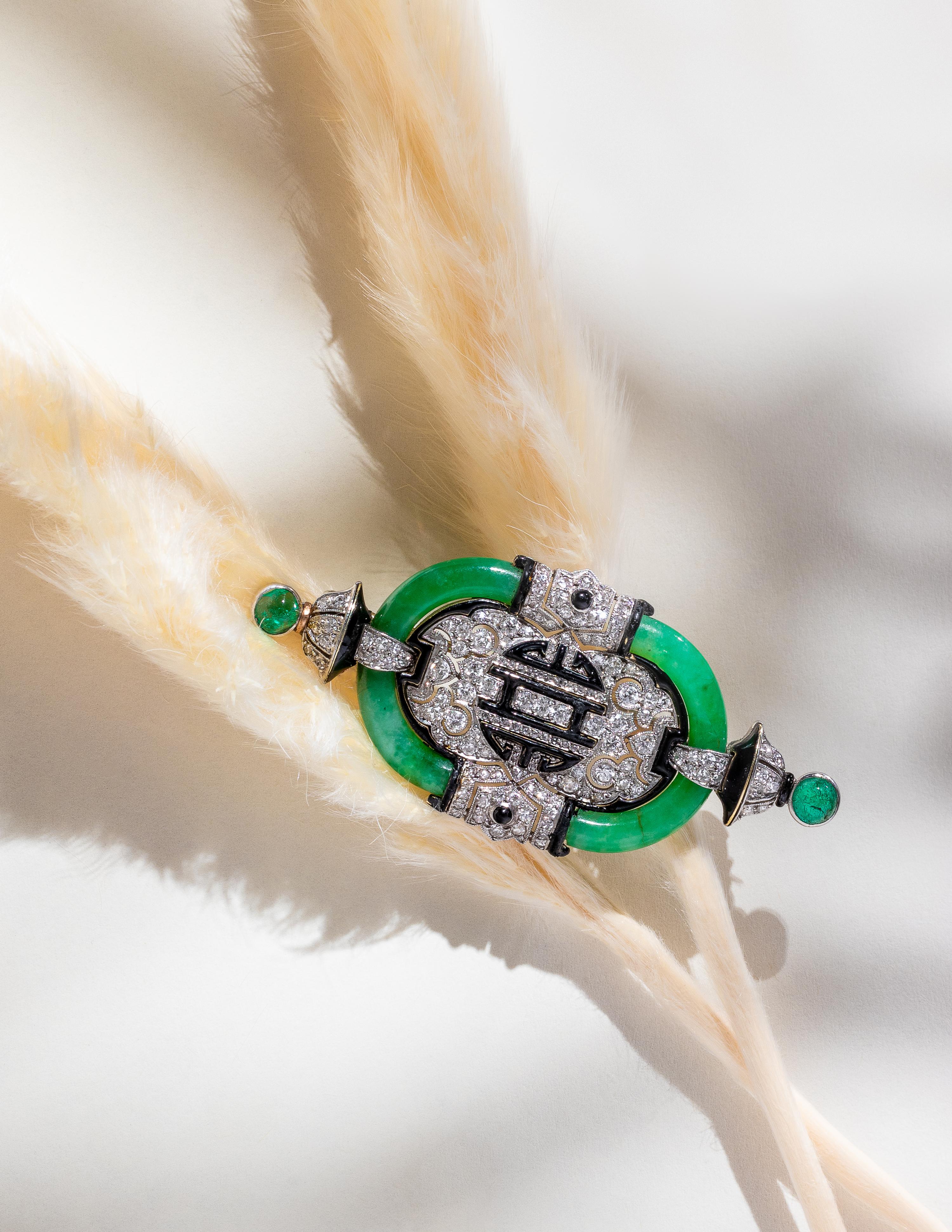 ART DECO, DIAMOND, JADE AND ENAMEL BROOCH