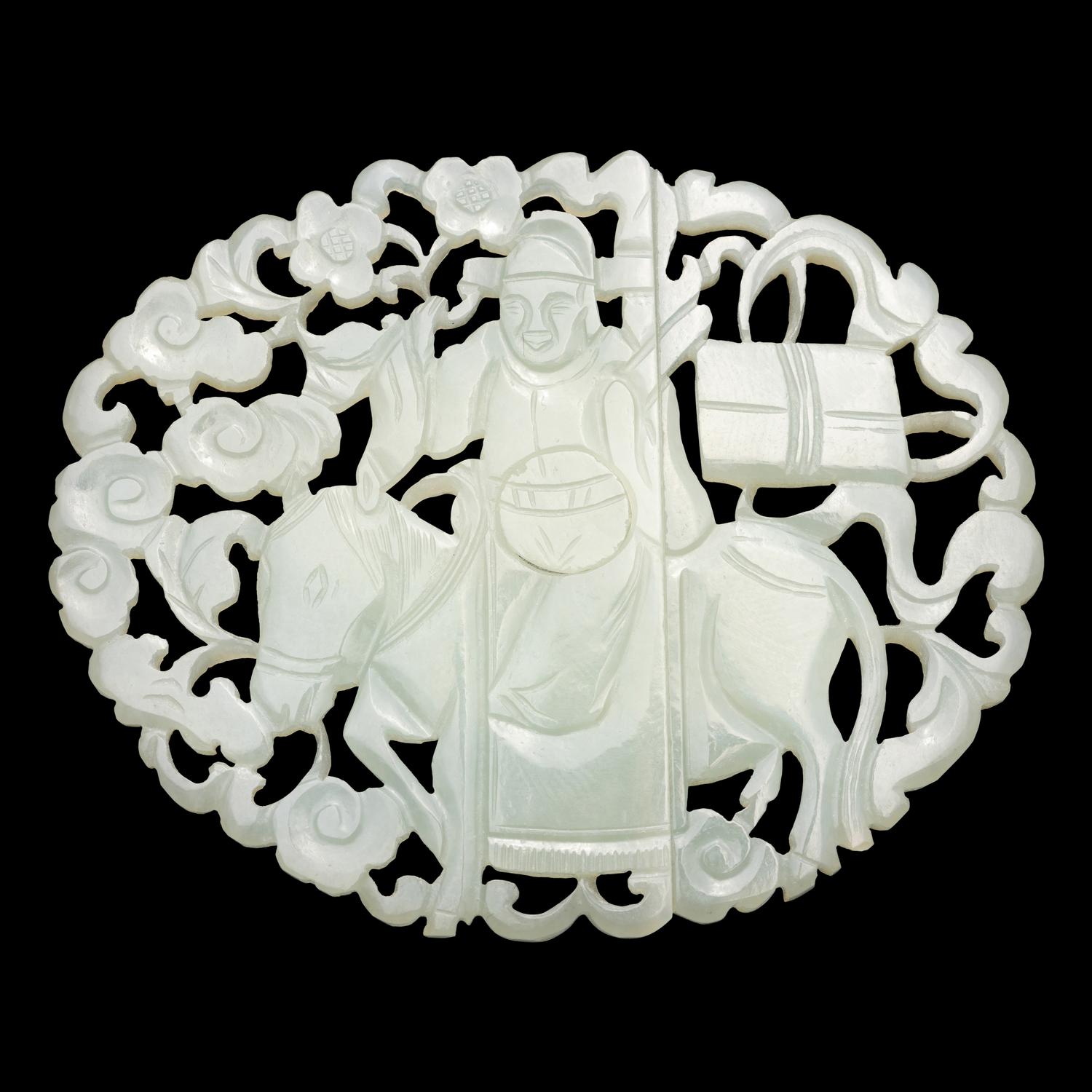 A Chinese Carved White Jade Joined Roundel and a White Jade "Dragon" Buckle, Qing Dynasty 清 白玉龍鈎及帶扣