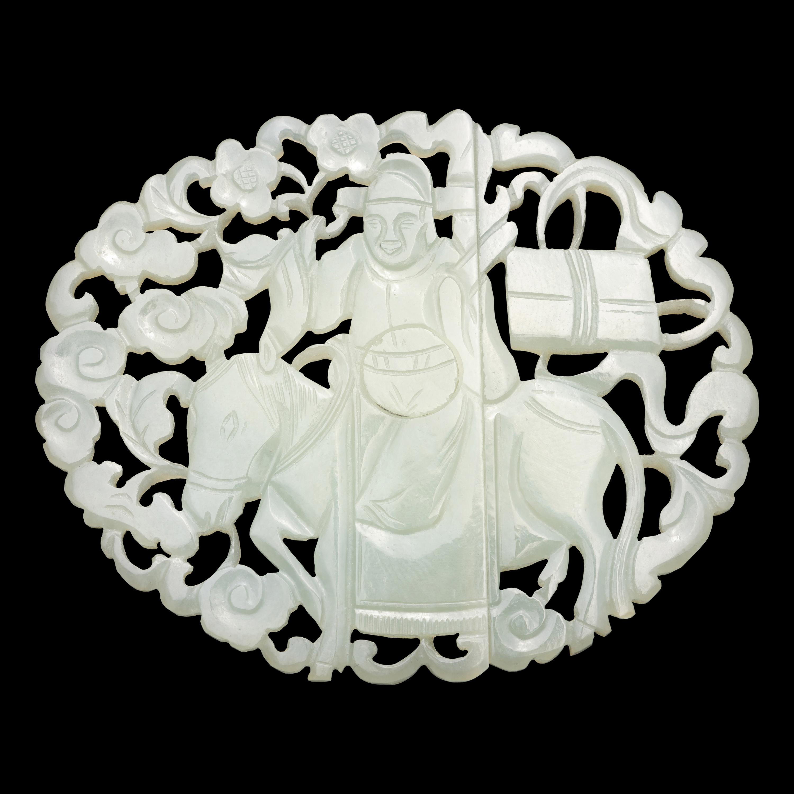 A Chinese Carved White Jade Joined Roundel and a White Jade "Dragon" Buckle, Qing Dynasty 清 白玉龍鈎及帶扣