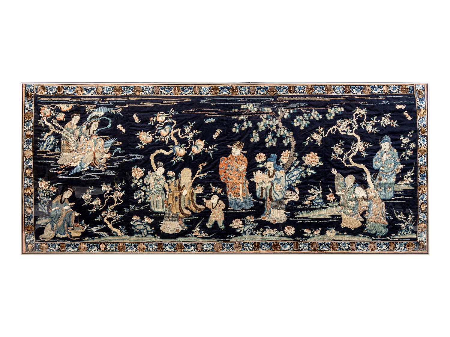 A Large Midnight Blue Satin Ground Embroidered Silk Panel