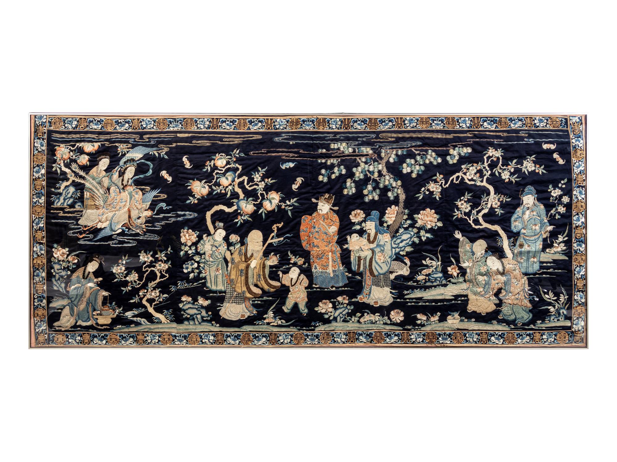A Large Midnight Blue Satin Ground Embroidered Silk Panel