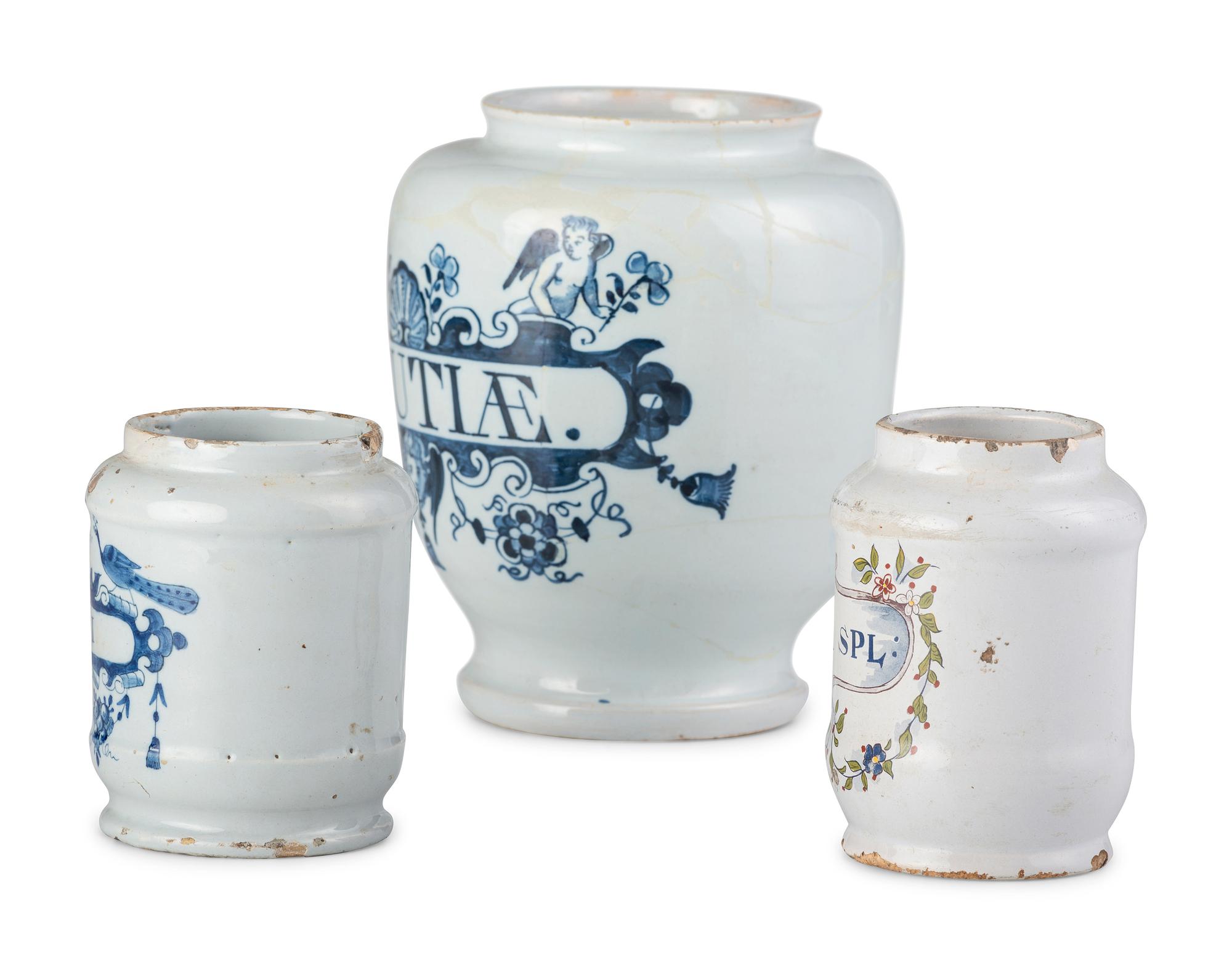 Three Delft Apothecary Jars