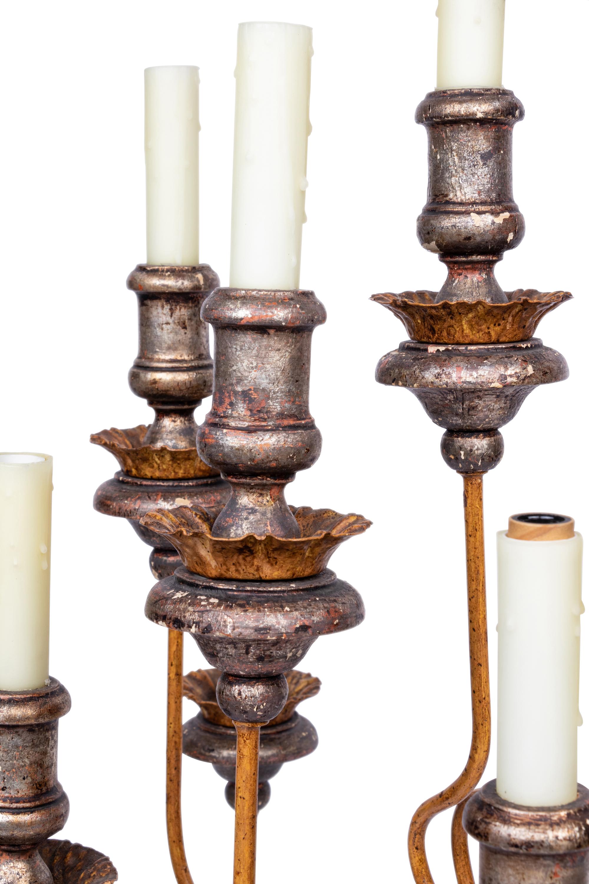An Italian Silvered and Polychrome-Decorated Six-Light Candelabrum