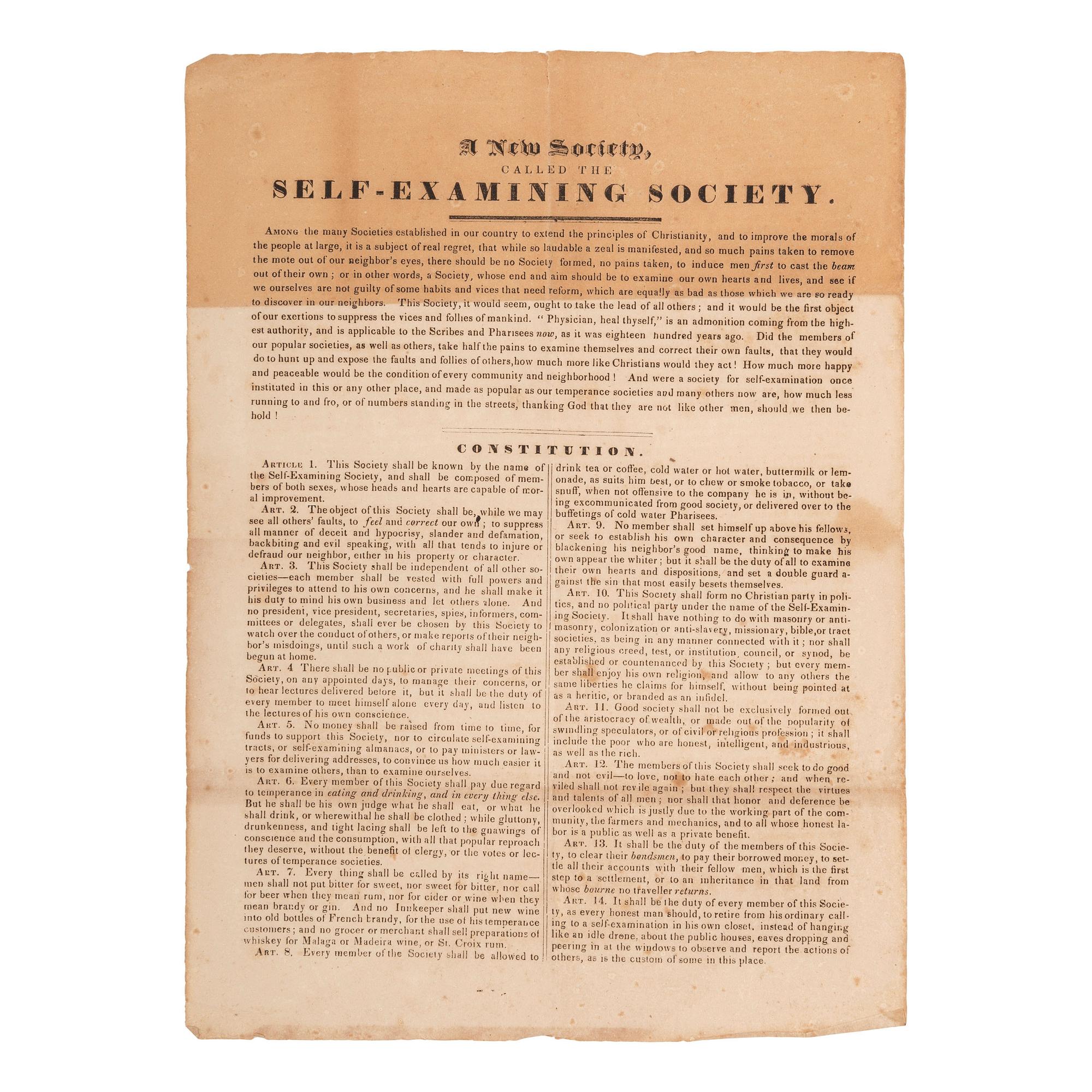 [TEMPERANCE]. A New Society Called the Self-Examining Society. N.p.: N.p., [ca 1830s-1840s].
