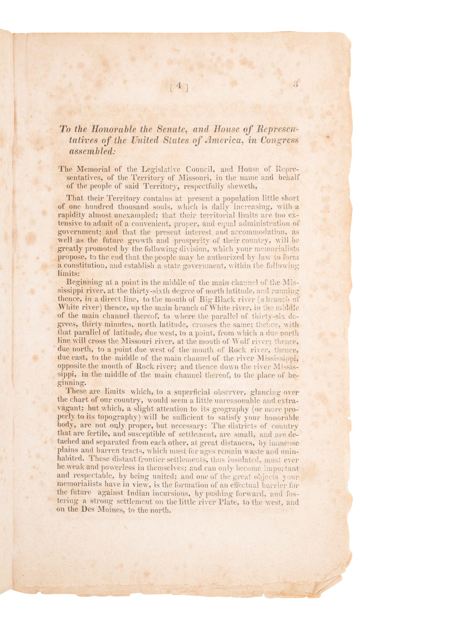 [WESTERN AMERICANA]. Memorial and Resolutions of the Legislature of the Missouri Territory... .