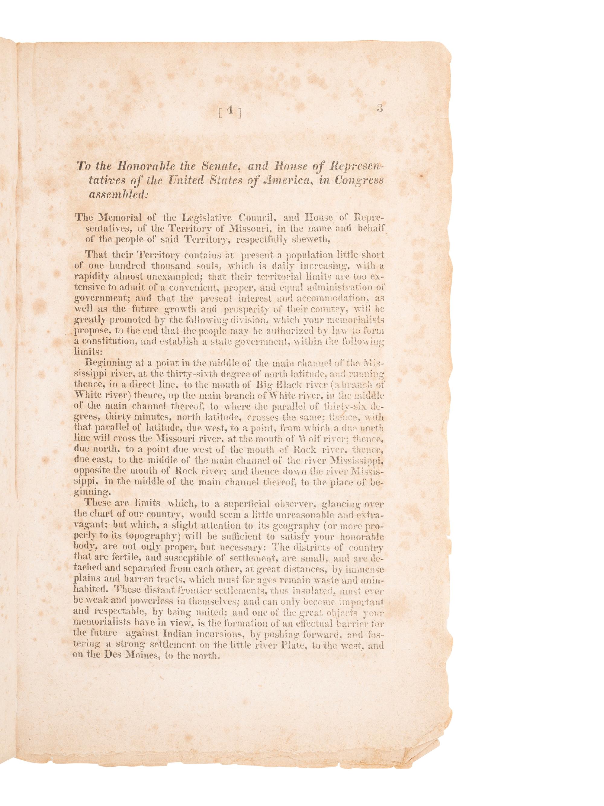 [WESTERN AMERICANA]. Memorial and Resolutions of the Legislature of the Missouri Territory... .
