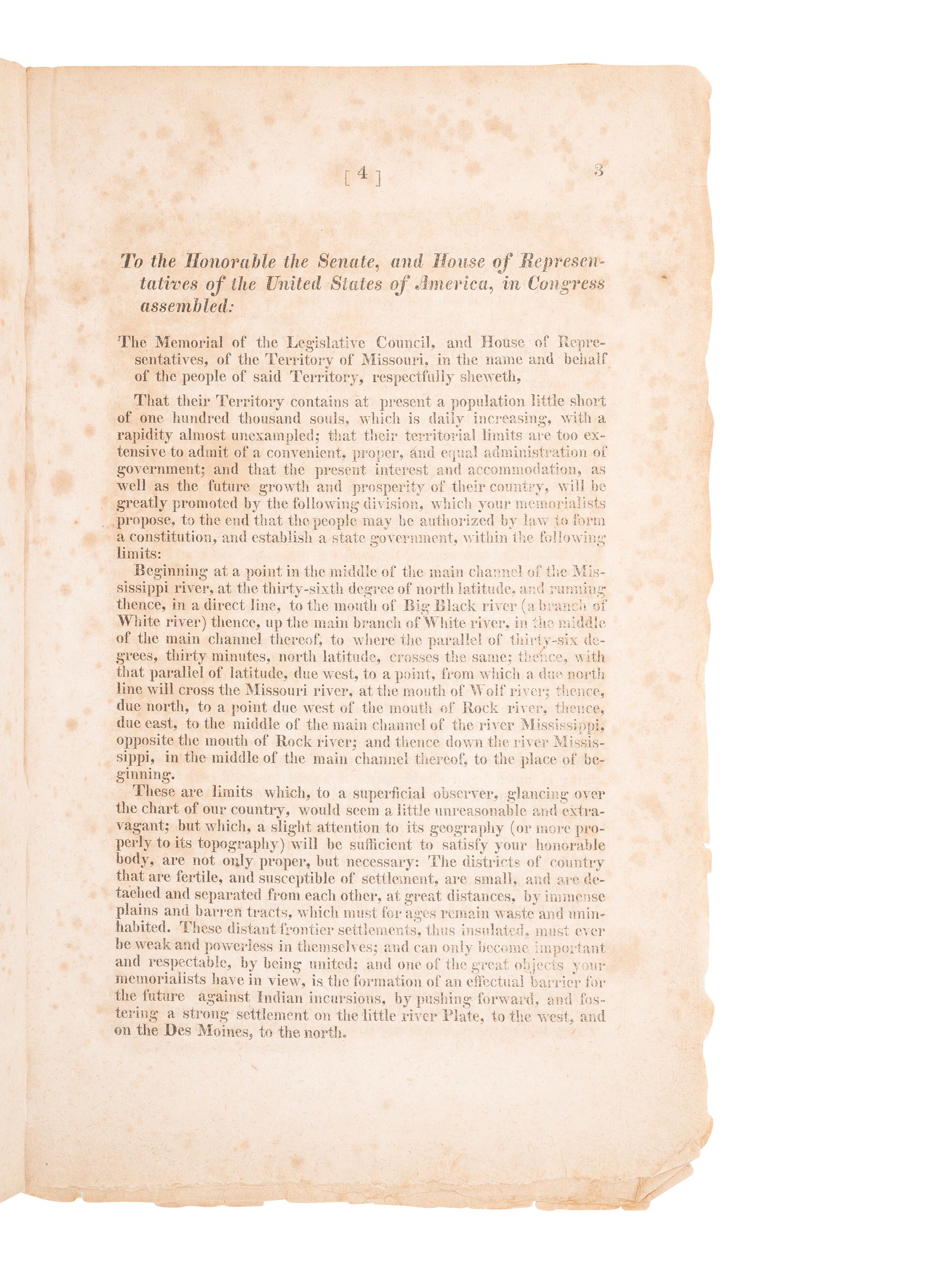 [WESTERN AMERICANA]. Memorial and Resolutions of the Legislature of the Missouri Territory... .