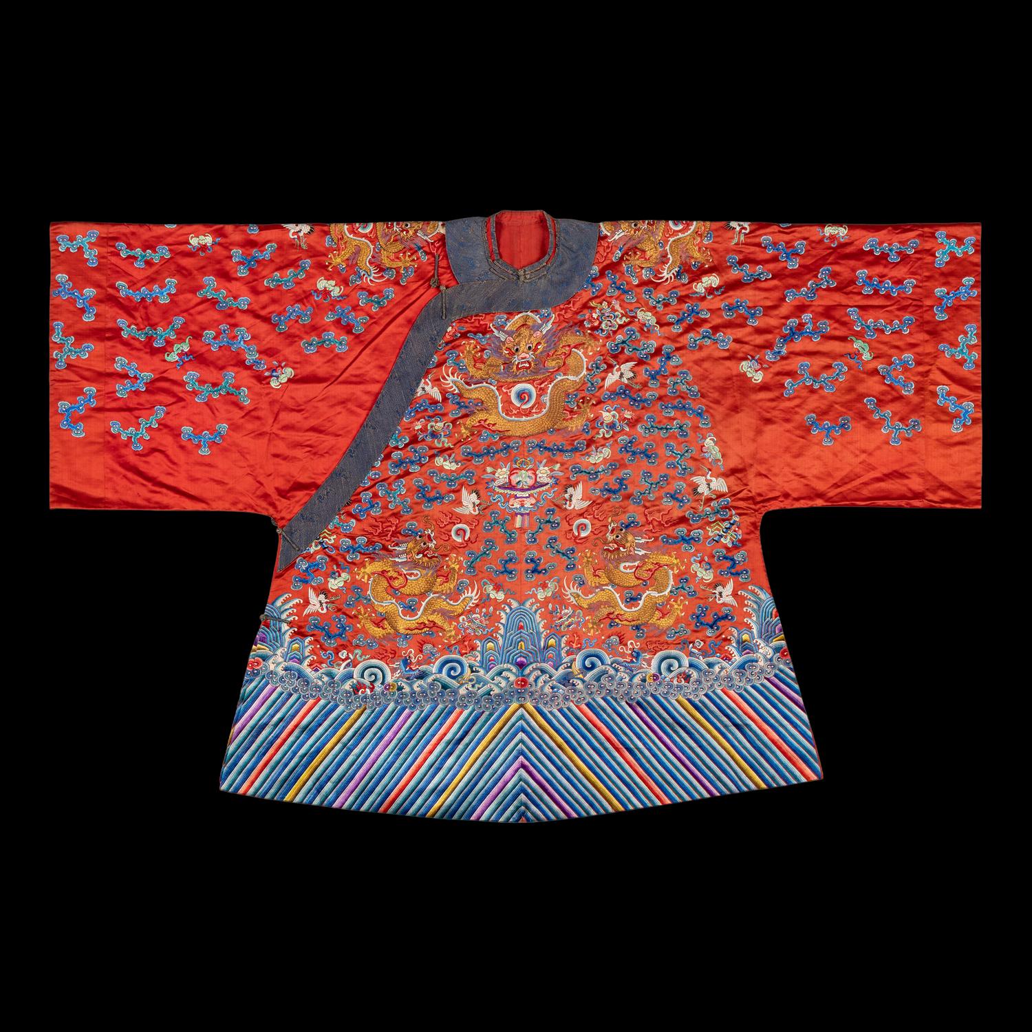 A Chinese Red Ground Embroidered Silk Dragon Robe, Late 19th-20th Century 晚清-民國 紅緞地龍袍