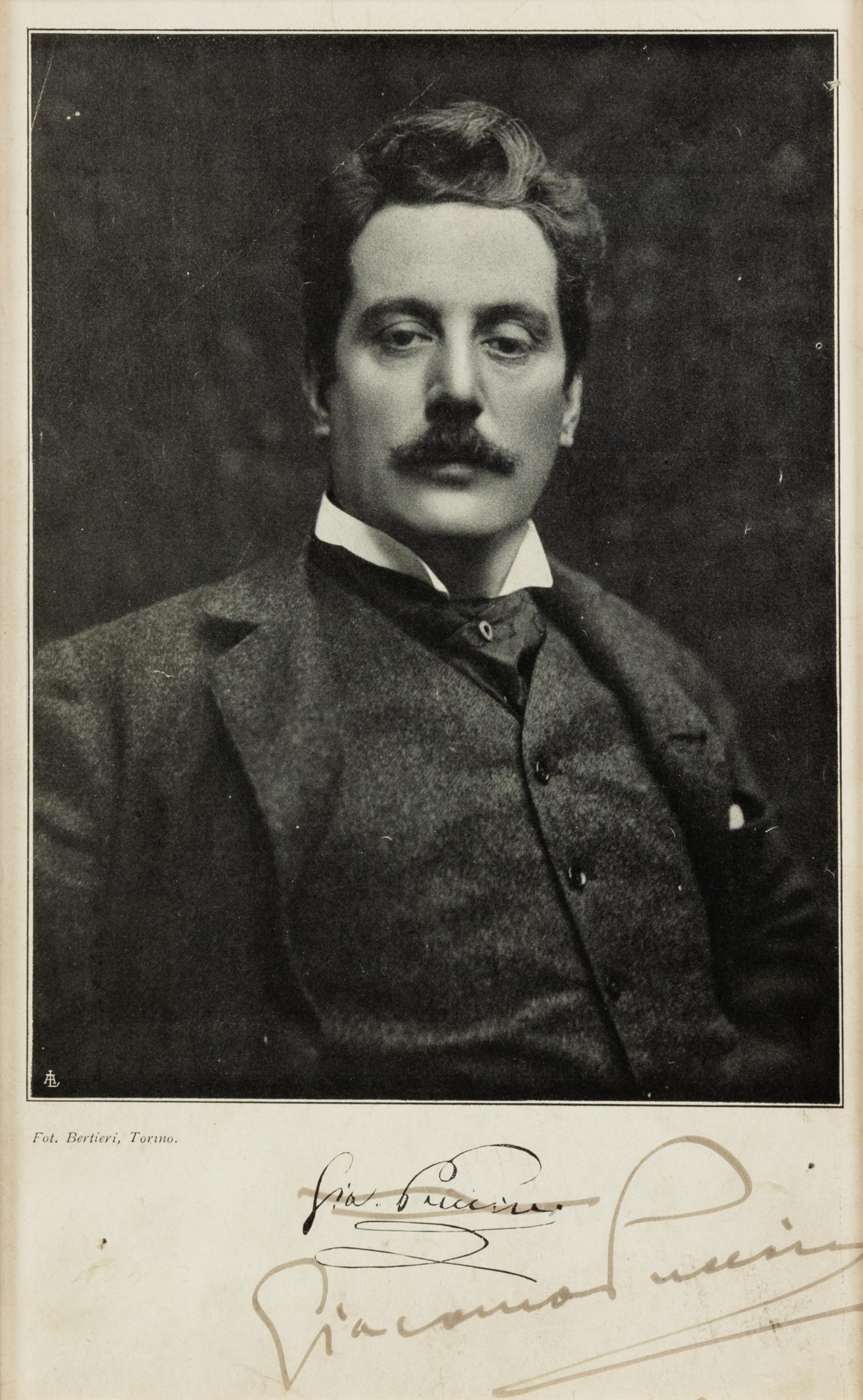 PUCCINI, Giacomo (1858-1924). Black and white photographic print signed lower margin (“Giacomo Puccini”), n.d.