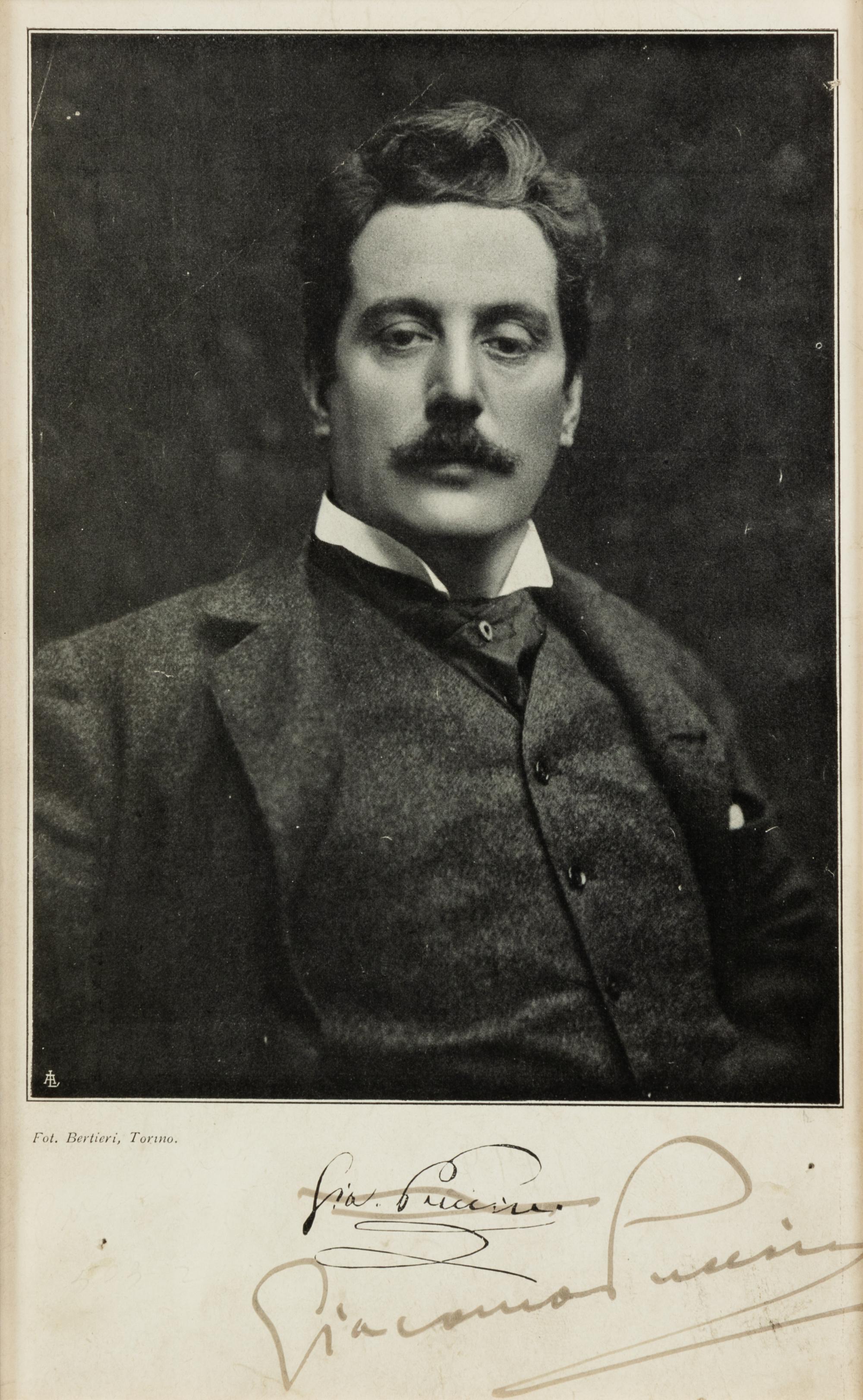 PUCCINI, Giacomo (1858-1924). Black and white photographic print signed lower margin (“Giacomo Puccini”), n.d.
